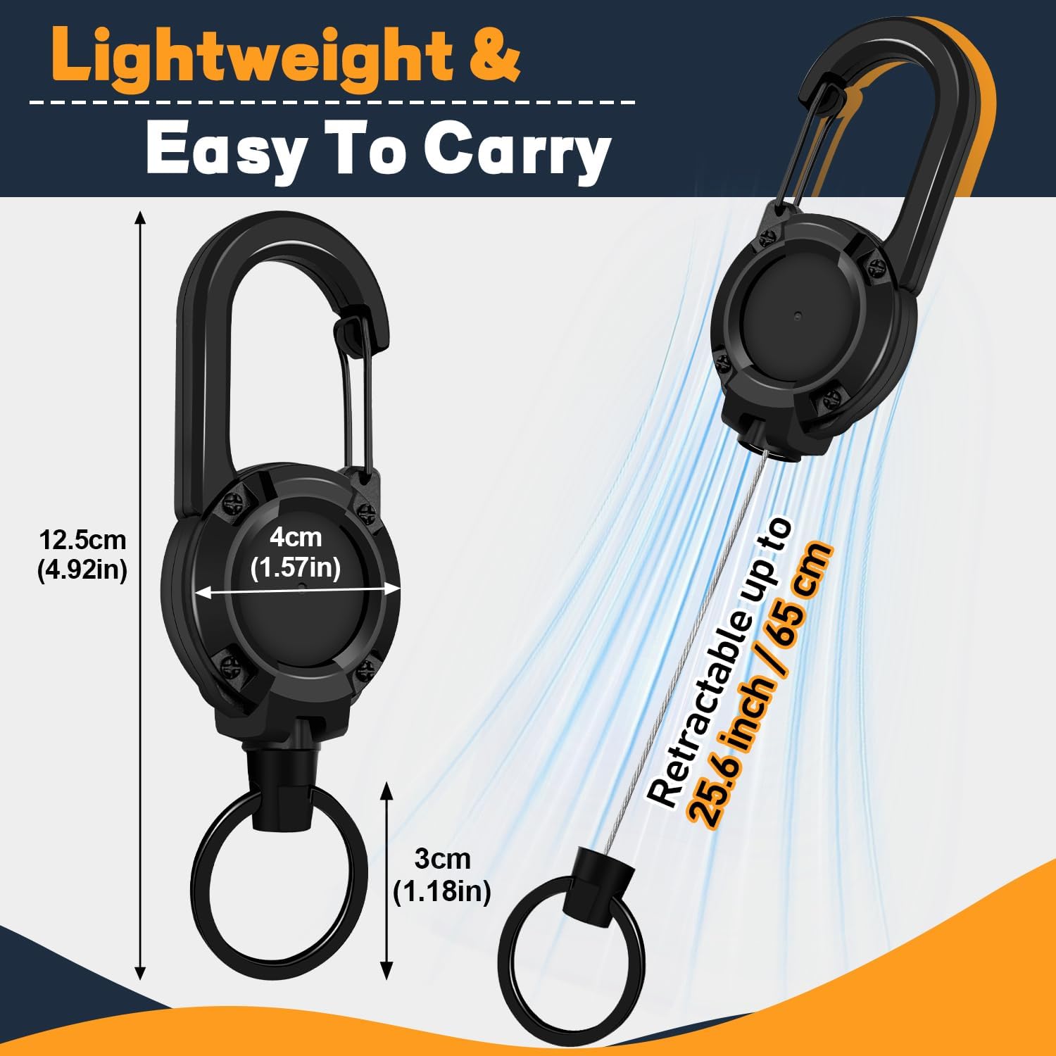 3 Pack Retractable Keychain with Carabiner - Black - 60cm Extendable Key Ring for Work Outdoor Travel - Image 6