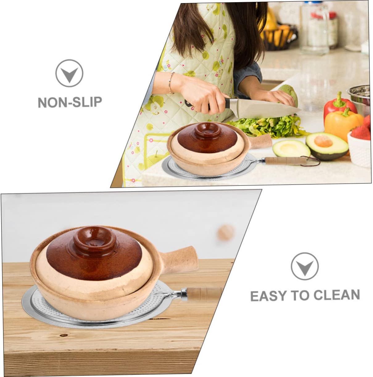 2 Pack Heat Resistant Pan Trivets Stainless Steel Table Mats with Wooden Handles and Hanging Ropes - Image 3