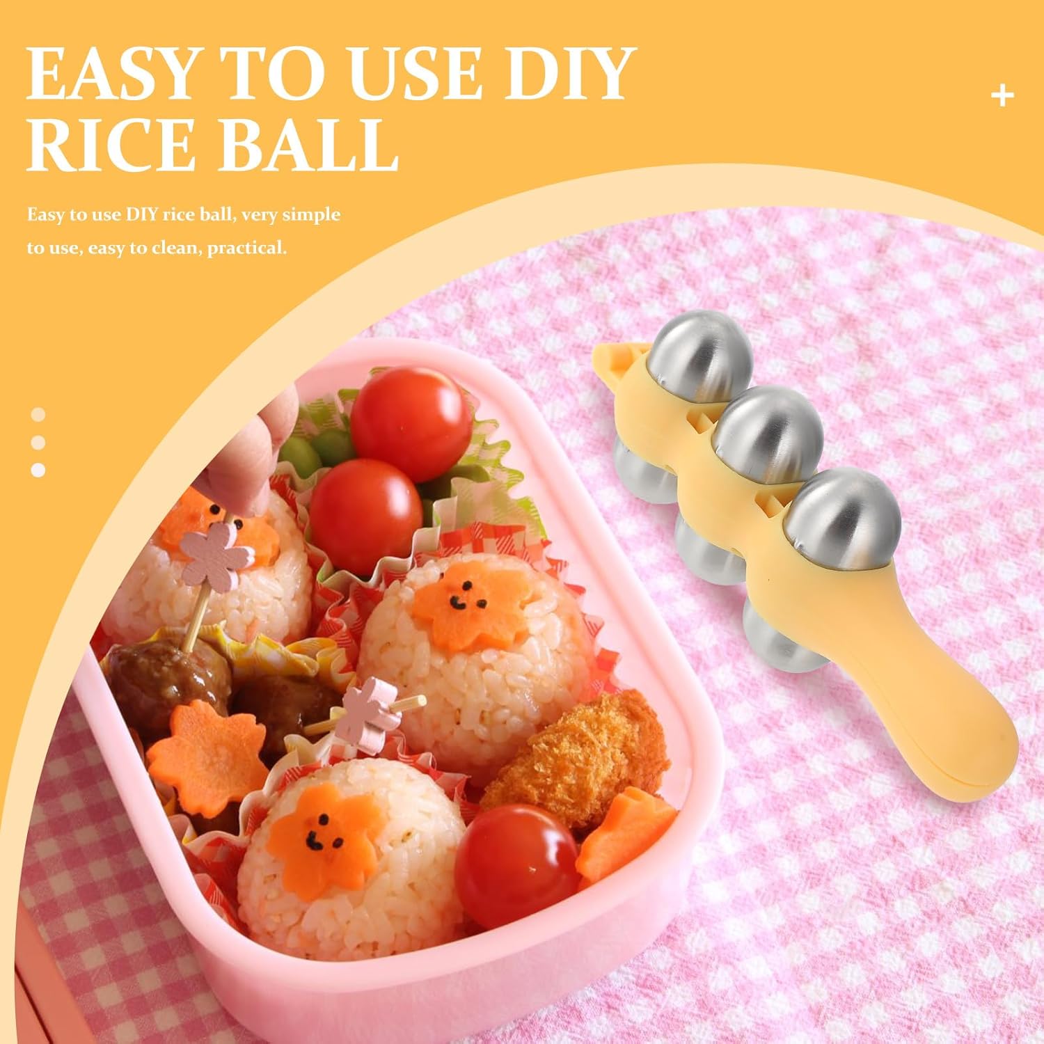 Stainless Steel Rice Ball Maker Set Triangle Sushi Mold with Rice Paddle Non-Stick Riceball Shaker Tool Yellow - Image 5