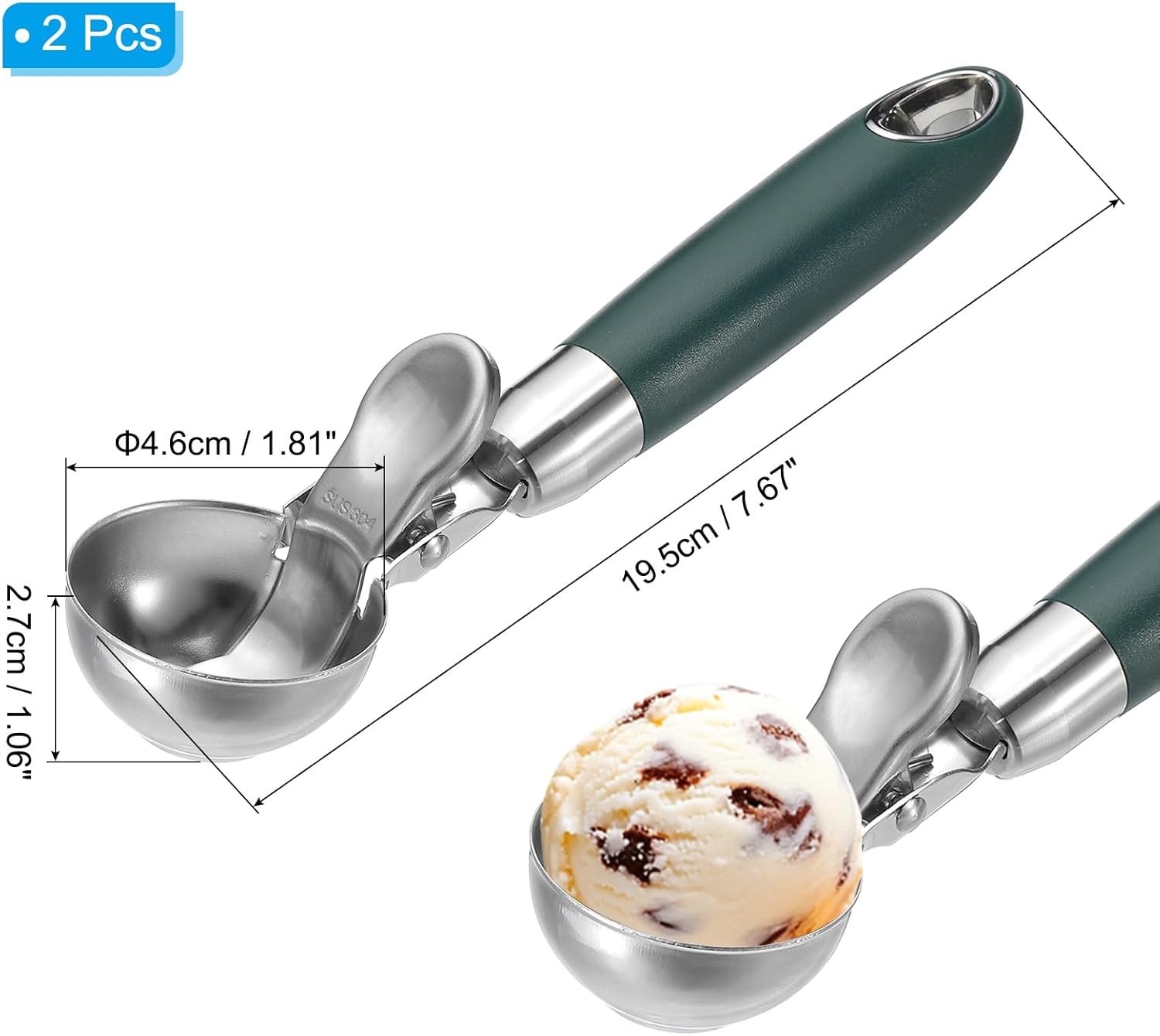 2 Pack Green Ergonomic 304 Stainless Steel Ice Cream Scoop with Trigger - Image 2