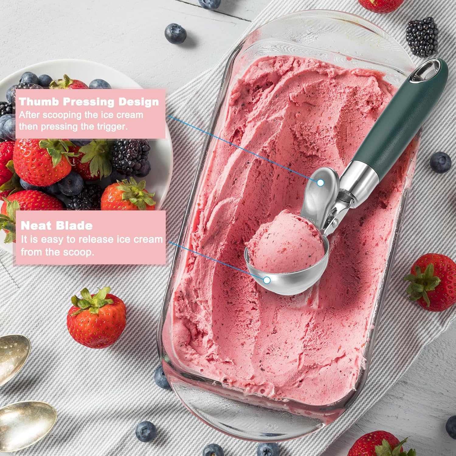 2 Pack Green Ergonomic 304 Stainless Steel Ice Cream Scoop with Trigger - Image 3