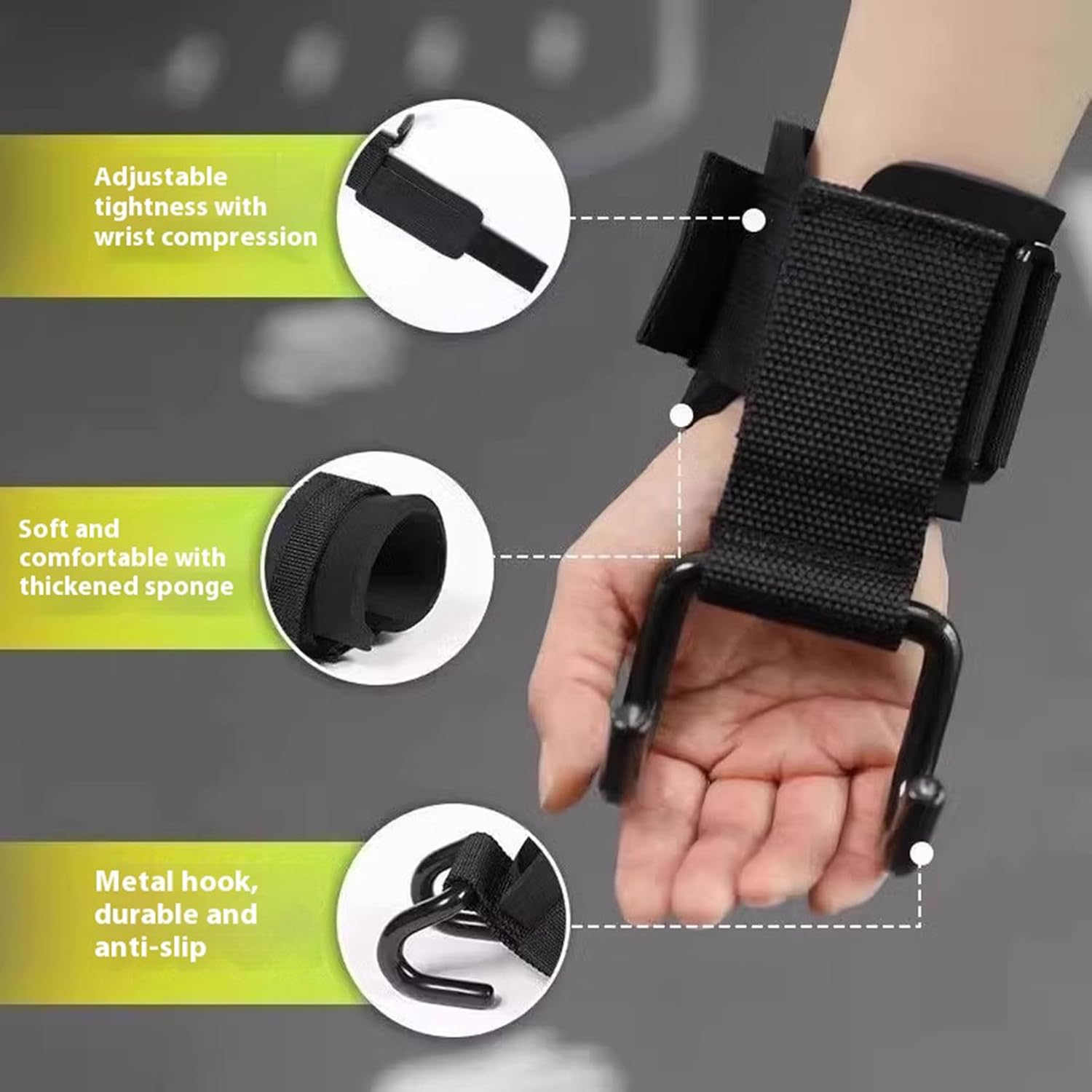 Weight Lifting Wrist Strap Hooks - Black - 1 Pair - Image 2