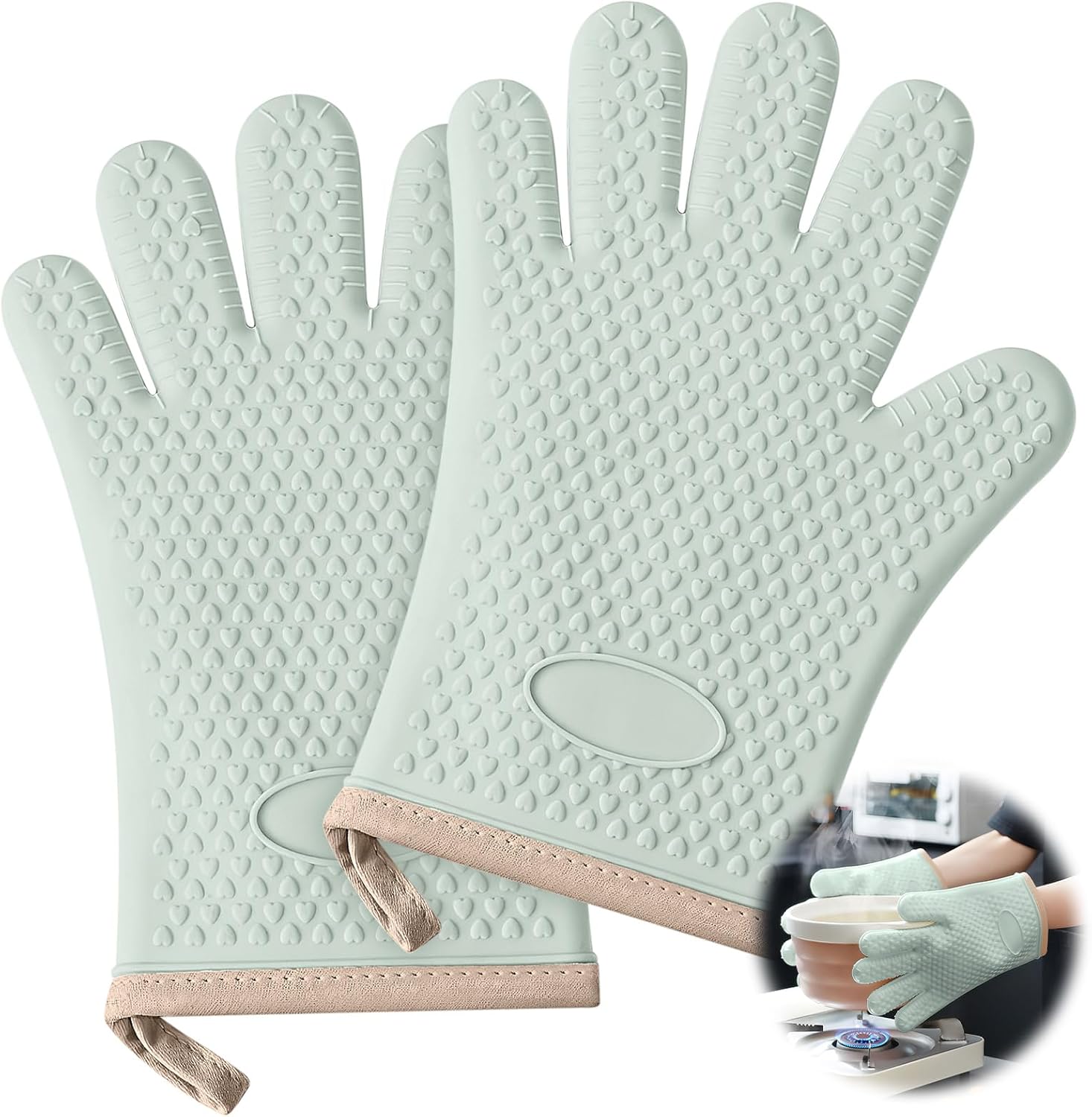 Light Green Heat Resistant Oven Gloves for Baking and Cooking - 1 Pair - Image 1