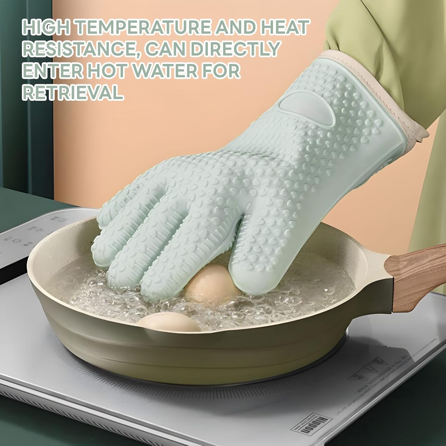Light Green Heat Resistant Oven Gloves for Baking and Cooking - 1 Pair - Image 3