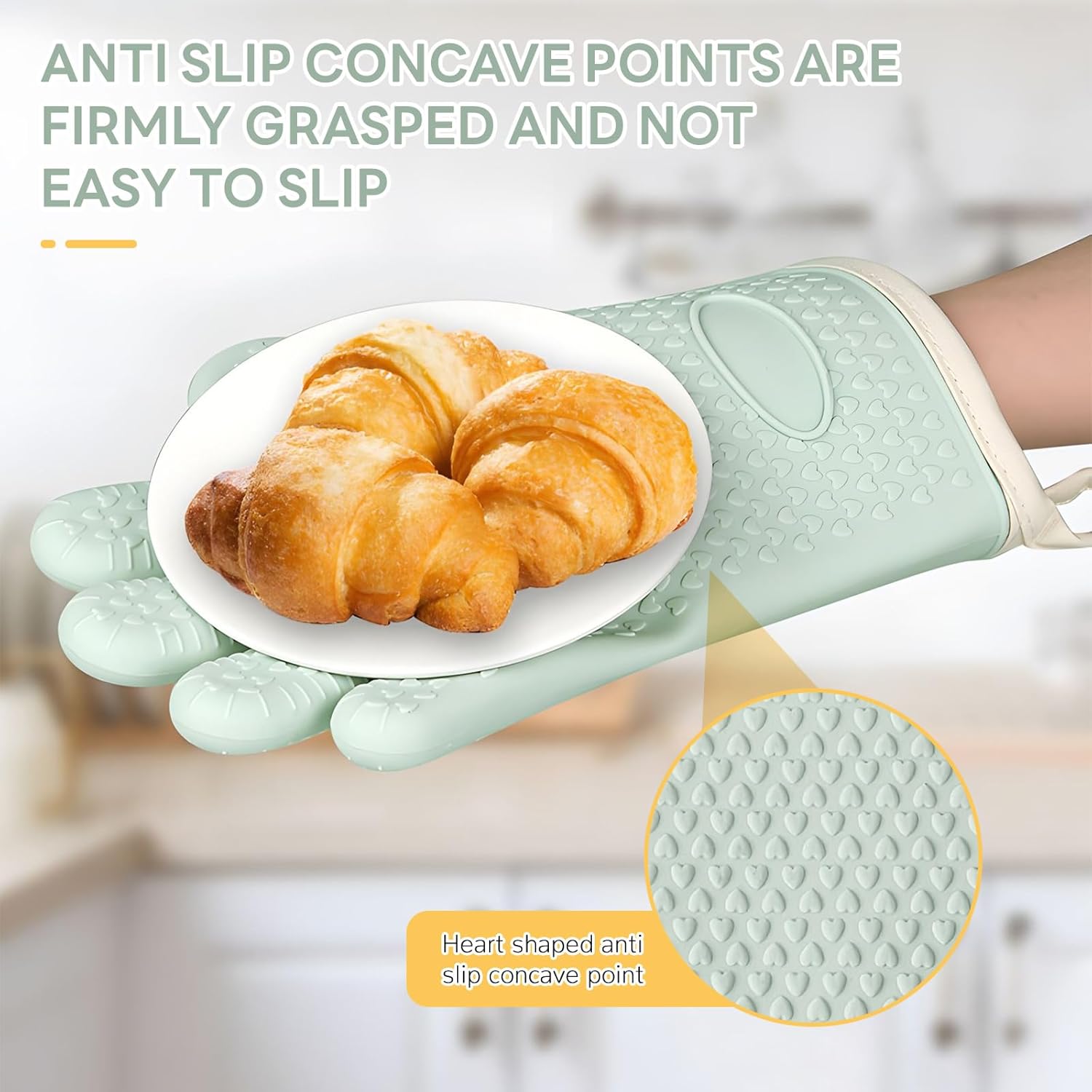 Light Green Heat Resistant Oven Gloves for Baking and Cooking - 1 Pair - Image 4