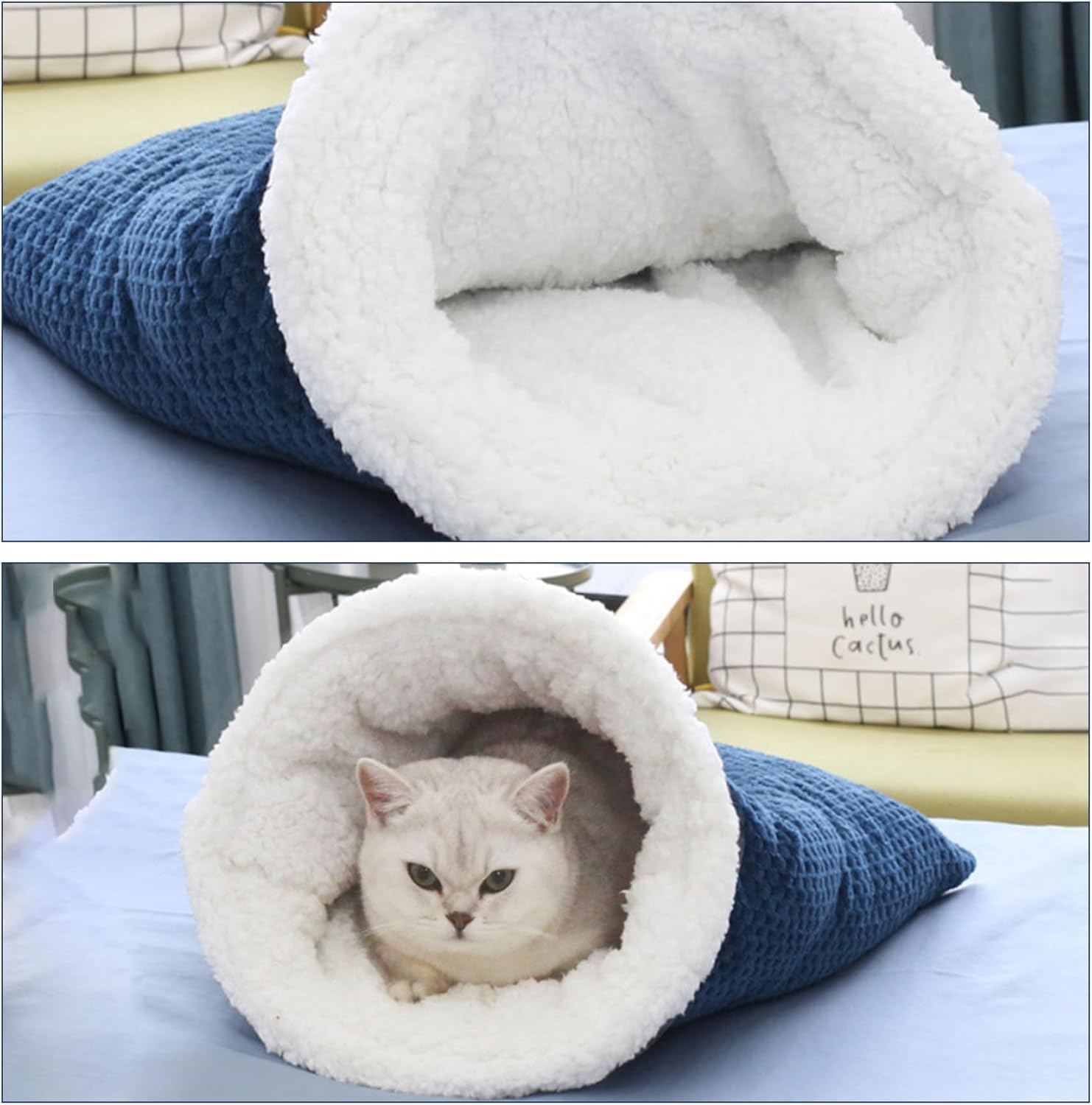 Cat Sleeping Bag Nest - Half-Closed Design - Plush & Fleece - Warm - Navy Blue - 1 Piece - Image 4