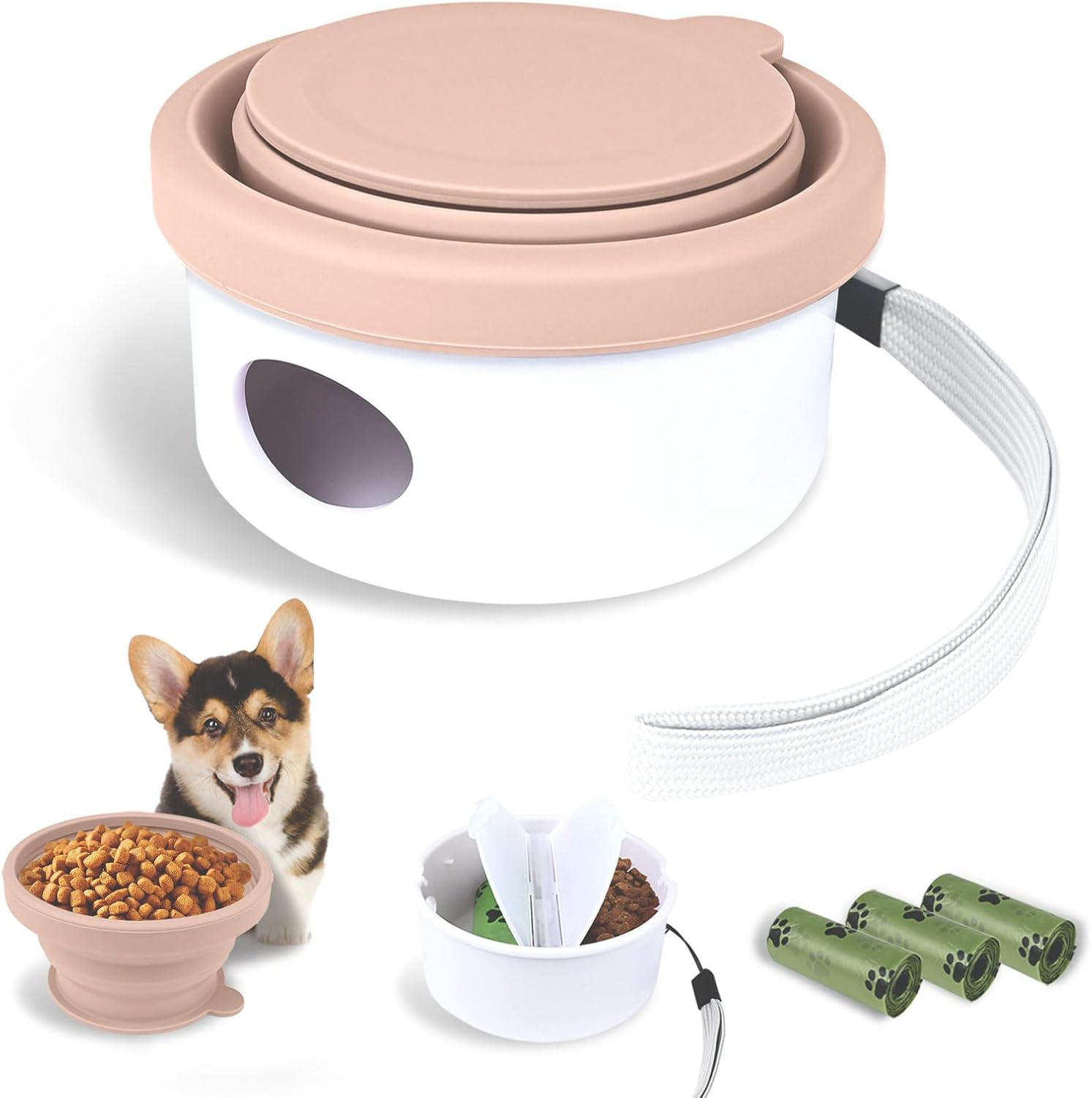 Collapsible Dog Bowl for Travel Double Feeder and Water Bowl with Lid and Carrying Strap - Image 1