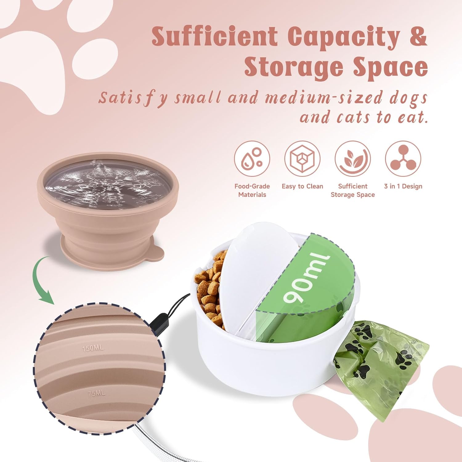 Collapsible Dog Bowl for Travel Double Feeder and Water Bowl with Lid and Carrying Strap - Image 3