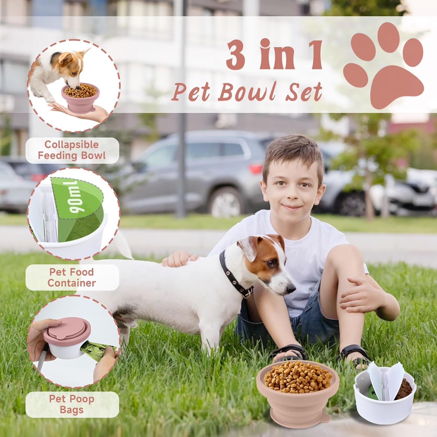 Collapsible Dog Bowl for Travel Double Feeder and Water Bowl with Lid and Carrying Strap - Image 4
