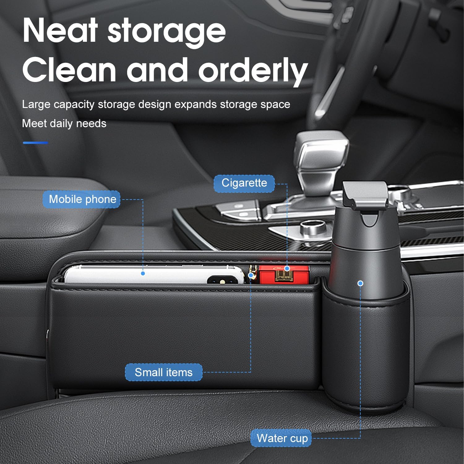 Car Seat Organizer with Cup Holder - Storage Compartment Between Seats - Seat Filler - PU Leather - Black - Set of 1 - Image 3