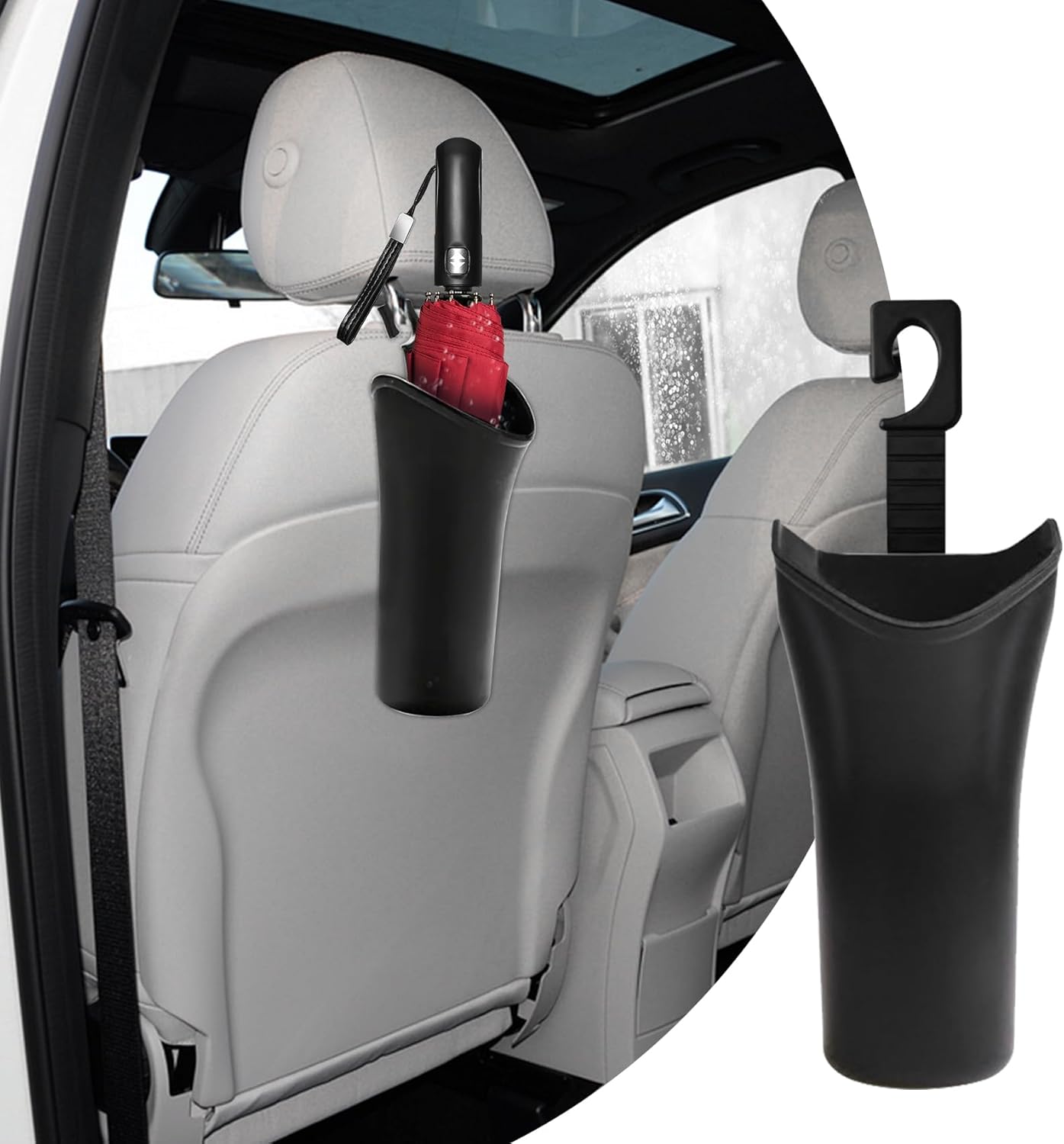 Car Trash Bin & Organizer - Under Seat or Center Console Storage Box with Umbrella Holder - Black - Set of 1 - Image 1