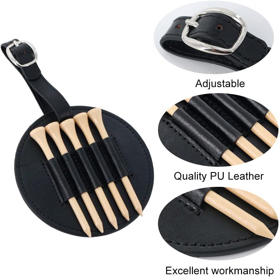Leather Golf Tee Holder with 5 Wooden Tees 3-1/4 Inch Hook for Golf Bag Strap Hanging - Image 2