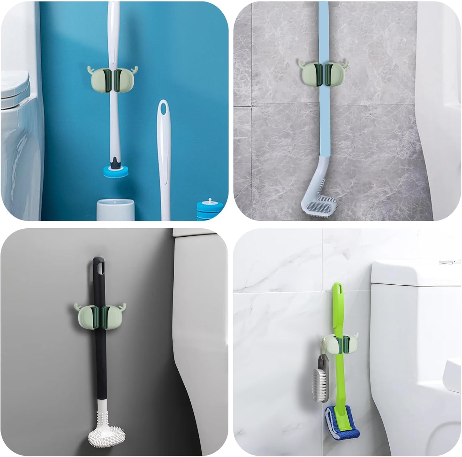 Self-Adhesive Toilet Brush Holder 2 Pack Green - No Drilling Required Wall Mounted Universal Bathroom WC Organizer - Image 2