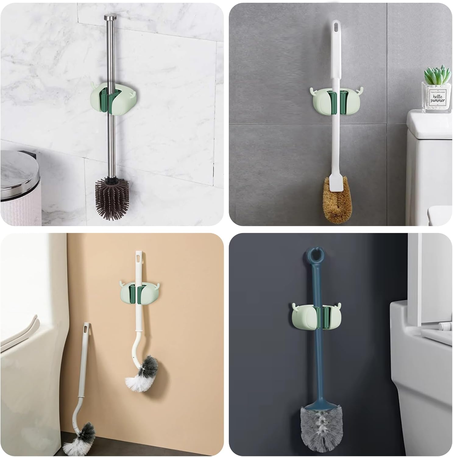 Self-Adhesive Toilet Brush Holder 2 Pack Green - No Drilling Required Wall Mounted Universal Bathroom WC Organizer - Image 3