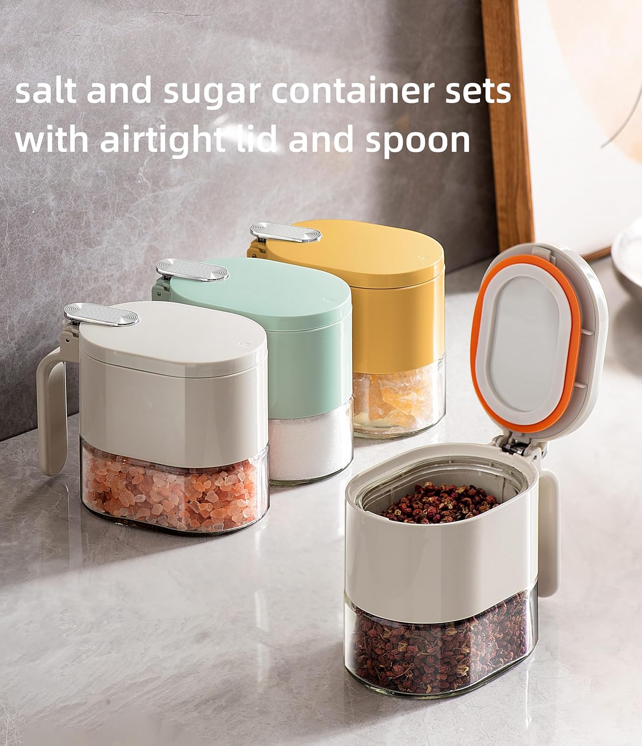 2 Piece Stylish Airtight Herb Jars with Spoon in Lid for Sugar & Salt - Image 2