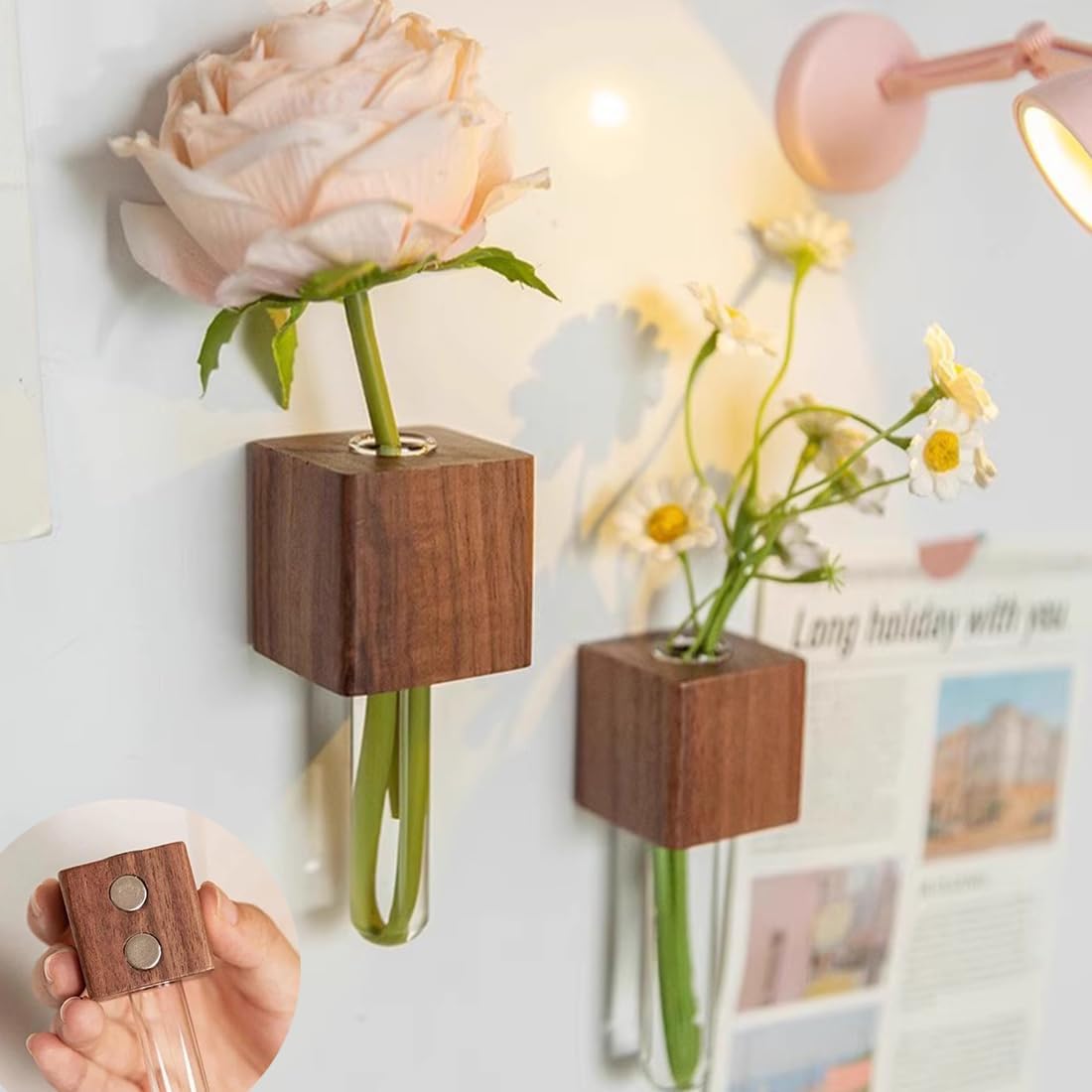 Magnetic Fridge Vases Set of 2 Wooden Decor for Stems & Dried Flowers - Image 1