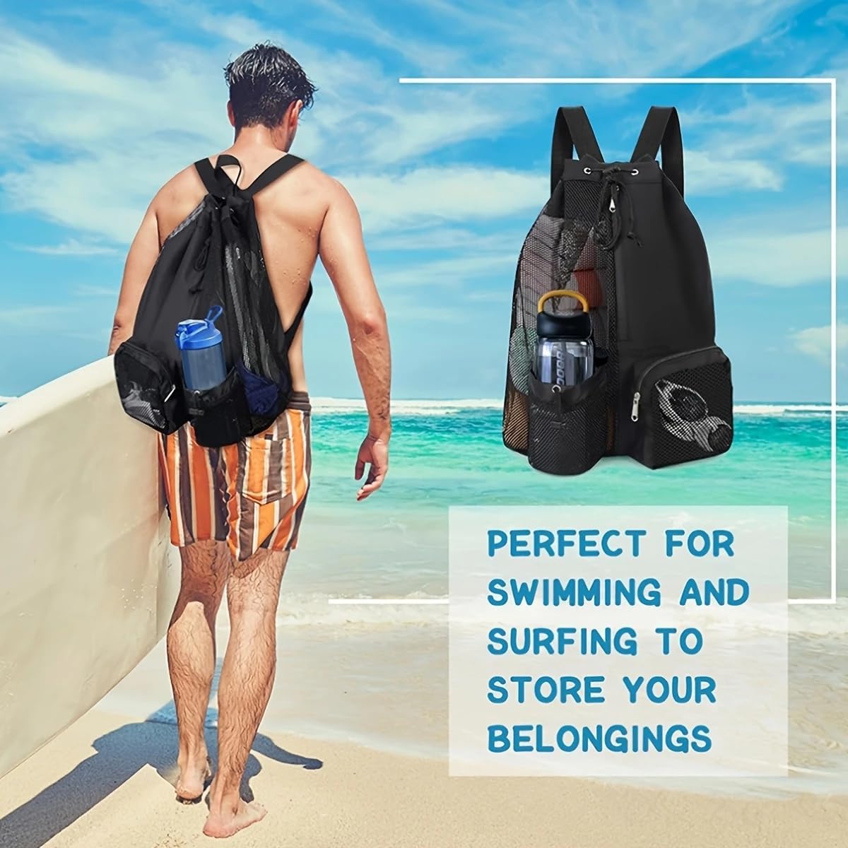 Large Mesh Gym Bag with Waterproof Compartment - Beach & Festival Backpack with Wet/Dry Separation - Image 3