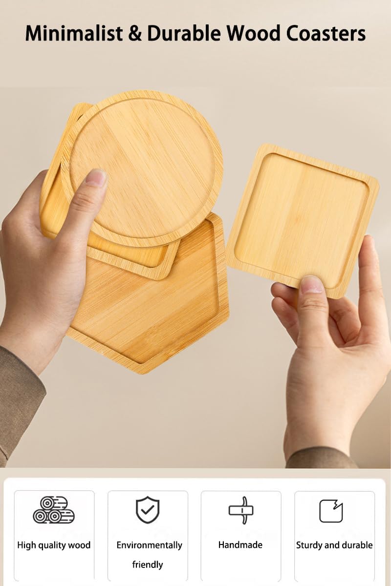 Bamboo Glass Coasters with Raised Edge Set of 4 - Heat & Water Ring Protection Table Mats - Rustic Style - Image 4