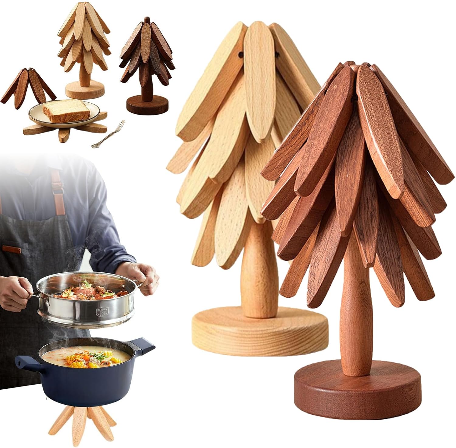 2-Piece Foldable Christmas Tree Design Pot Holders Set Decorative Heat Resistant Trivets with Holder for Hot Pans - Image 1