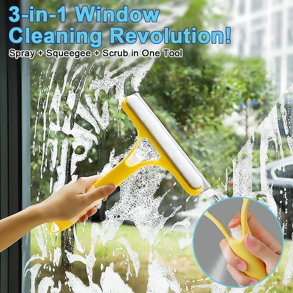 3-in-1 Window Wiper with Spray - Squeegee, Washer & Microfiber Cleaner for Streak-Free Windows, Showers & Cars - Set of 1 - Image 4