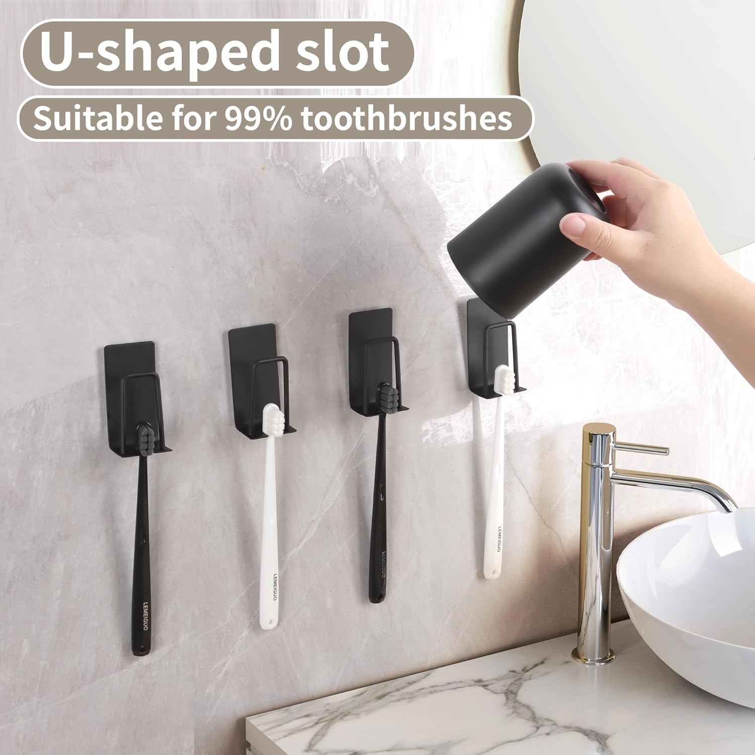 4 Pack Self-Adhesive Stainless Steel Wall Mount Toothbrush Holder No Drilling Required for Electric Toothbrushes Black - Image 3