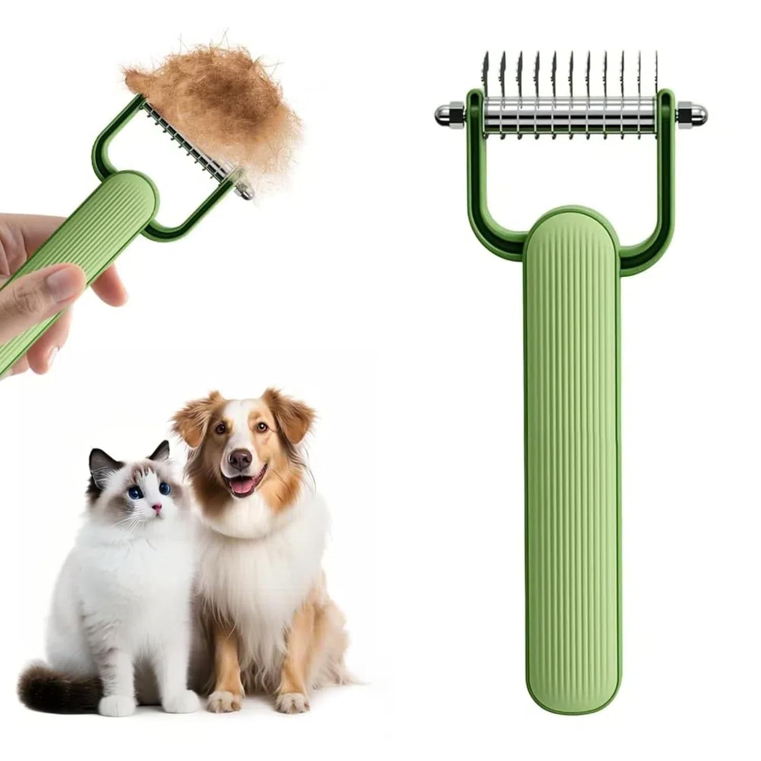 Double-Sided Pet Brush for Dogs & Cats - Green - Undercoat Comb with Non-Slip Handle - Removes Tangles & Loose Hair - 1 Piece - Image 1