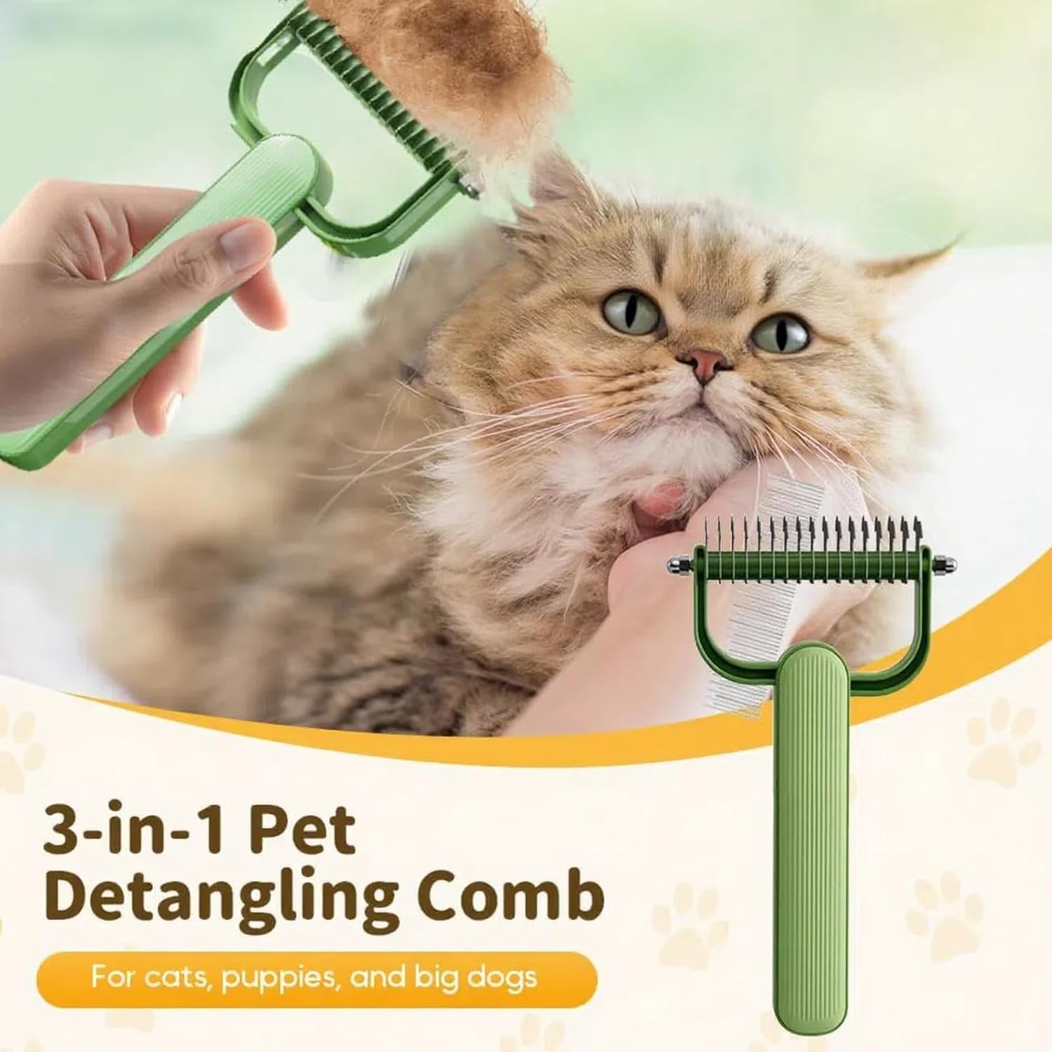 Double-Sided Pet Brush for Dogs & Cats - Green - Undercoat Comb with Non-Slip Handle - Removes Tangles & Loose Hair - 1 Piece - Image 2