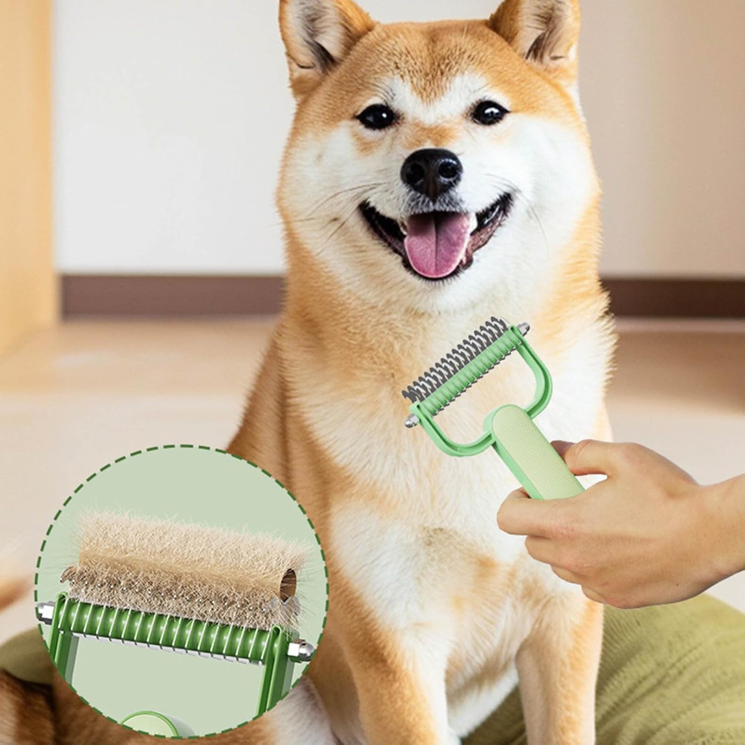 Double-Sided Pet Brush for Dogs & Cats - Green - Undercoat Comb with Non-Slip Handle - Removes Tangles & Loose Hair - 1 Piece - Image 7