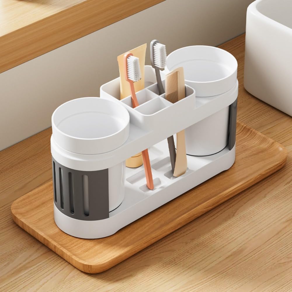 Multifunctional Toothbrush Holder with Toothpaste Dispenser and Cups - Wall-Mounted No Drilling - Bathroom Organizer Set - Image 4