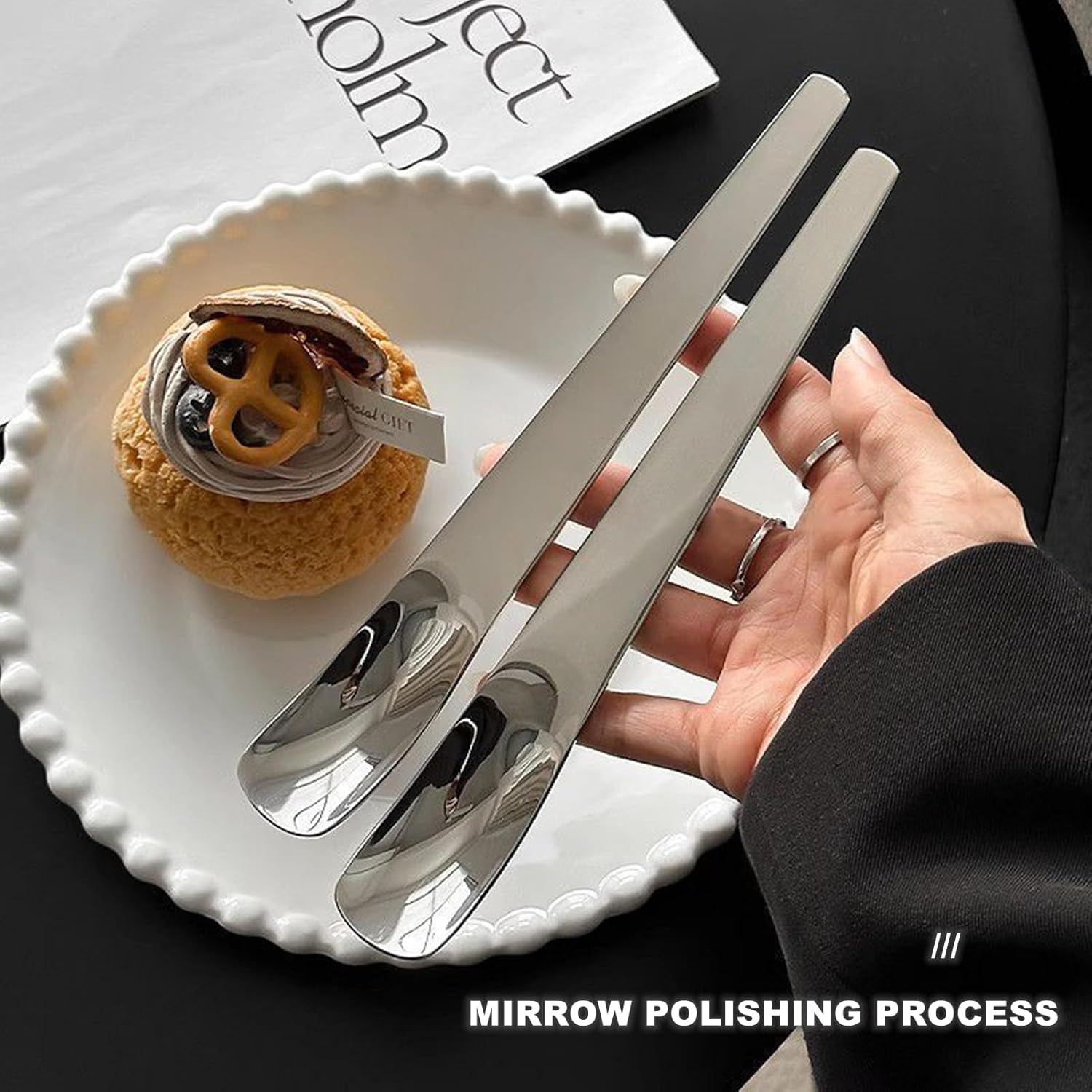 2 Piece Square Dessert Spoons Stainless Steel Cake Ice Cream Coffee Spoons Silver - Image 1