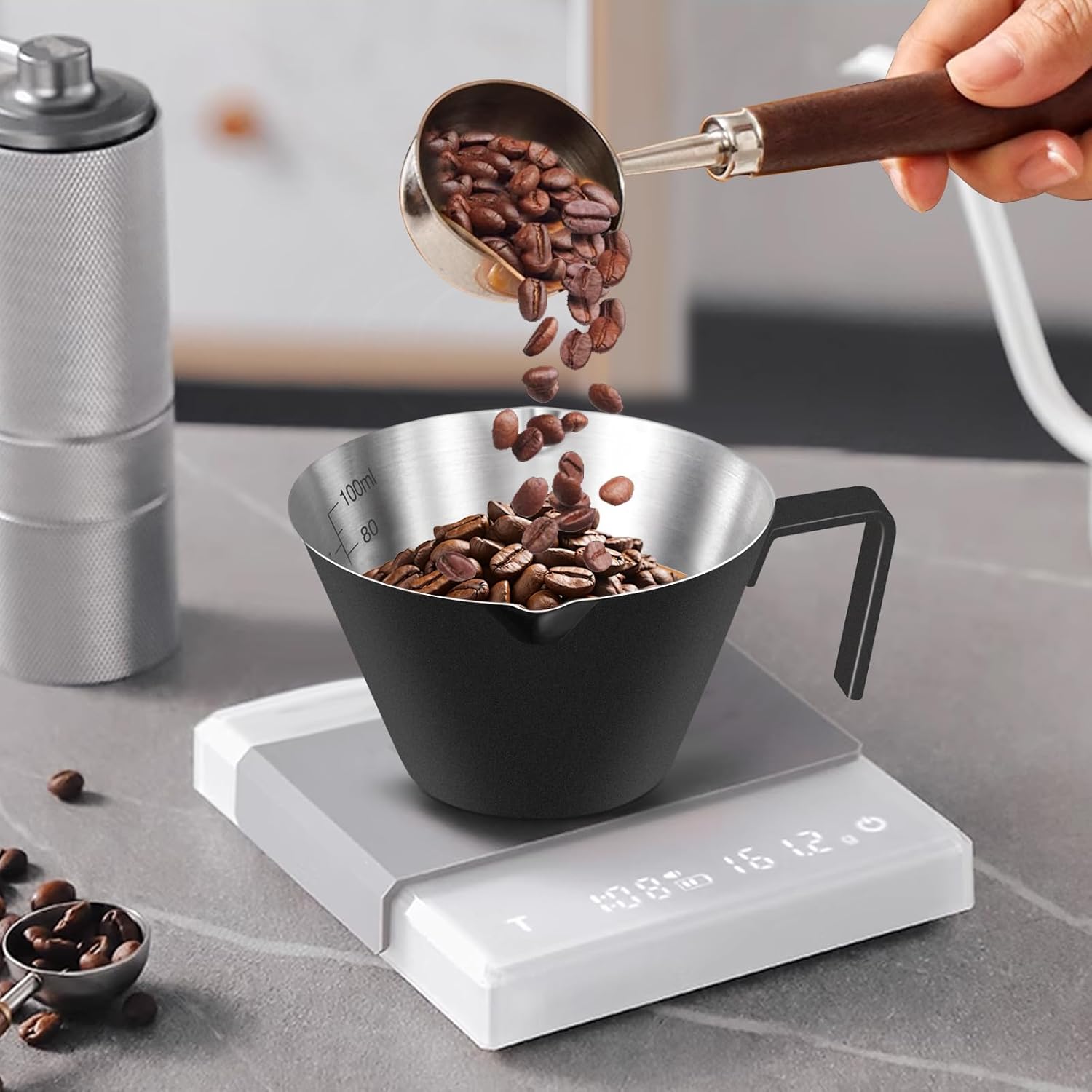 Stainless Steel Double Wall Espresso Cup with Handle 100ml Weighable Coffee Beans Measuring Cup - Image 2