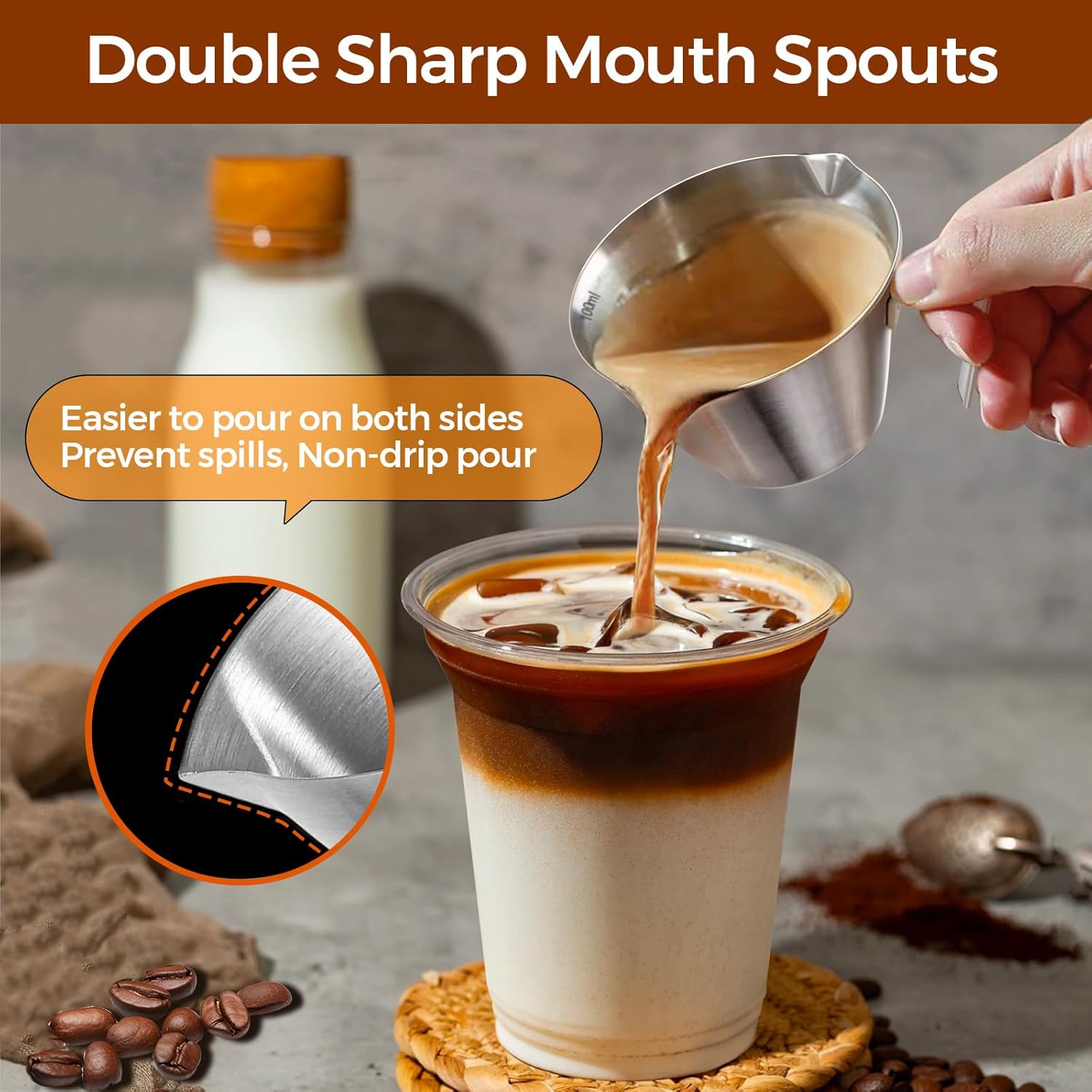 Stainless Steel Double Wall Espresso Cup with Handle 100ml Weighable Coffee Beans Measuring Cup - Image 3