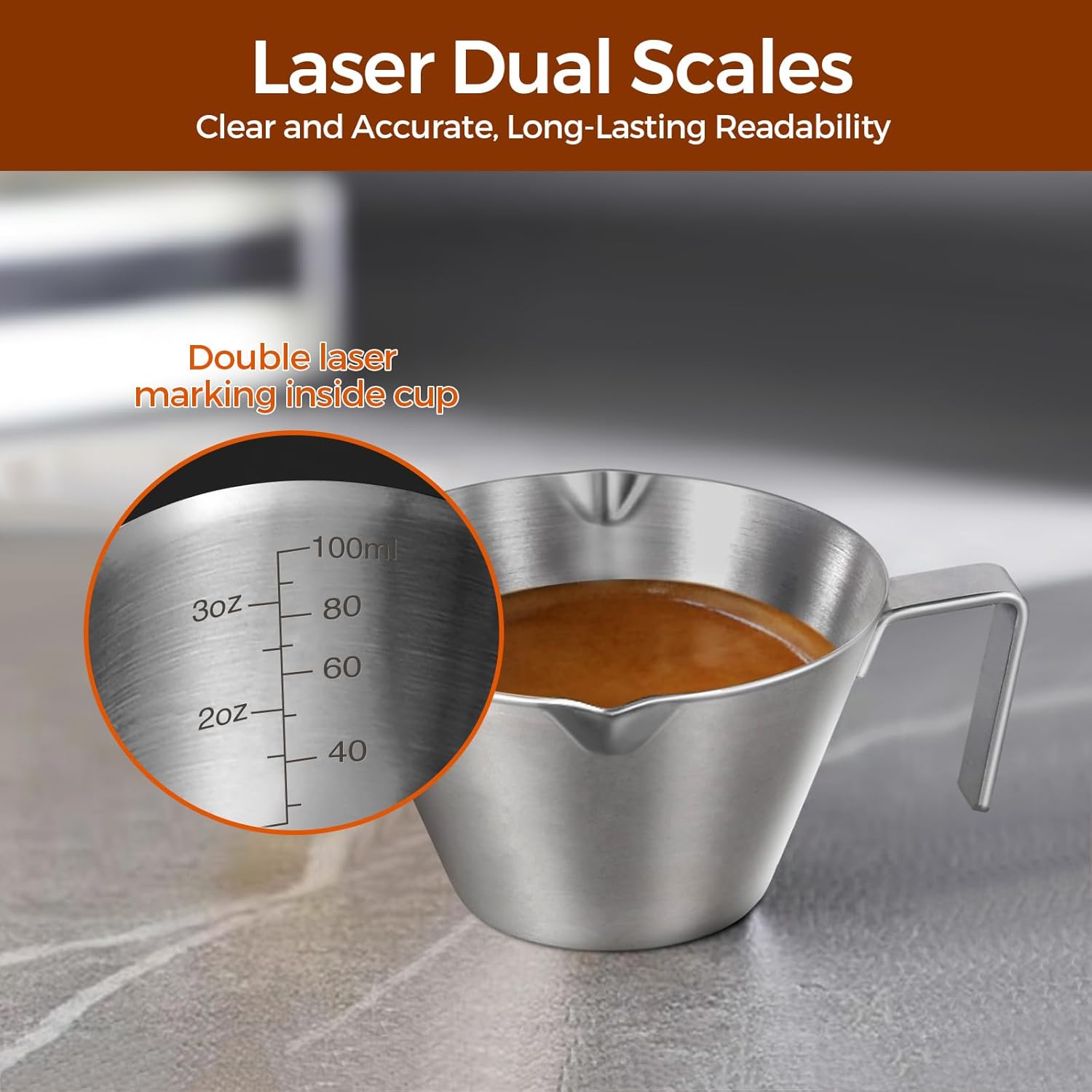 Stainless Steel Double Wall Espresso Cup with Handle 100ml Weighable Coffee Beans Measuring Cup - Image 5