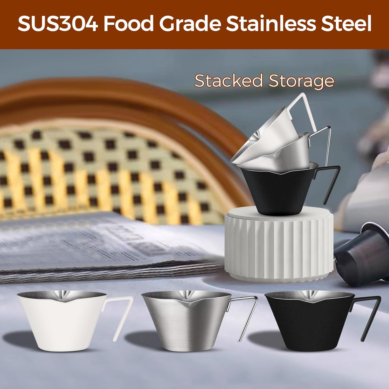 Stainless Steel Double Wall Espresso Cup with Handle 100ml Weighable Coffee Beans Measuring Cup - Image 6