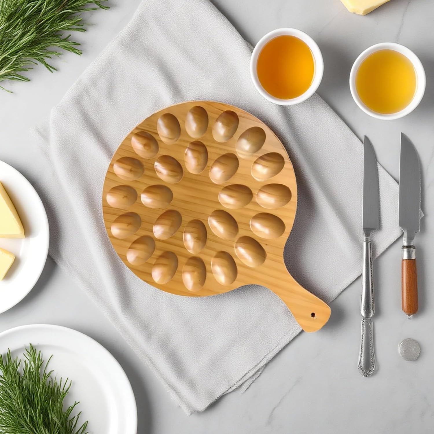 Round Wooden Serving Tray with Handle 24 Holes for Storing Deviled Eggs Sustainable Wood Design - Image 3