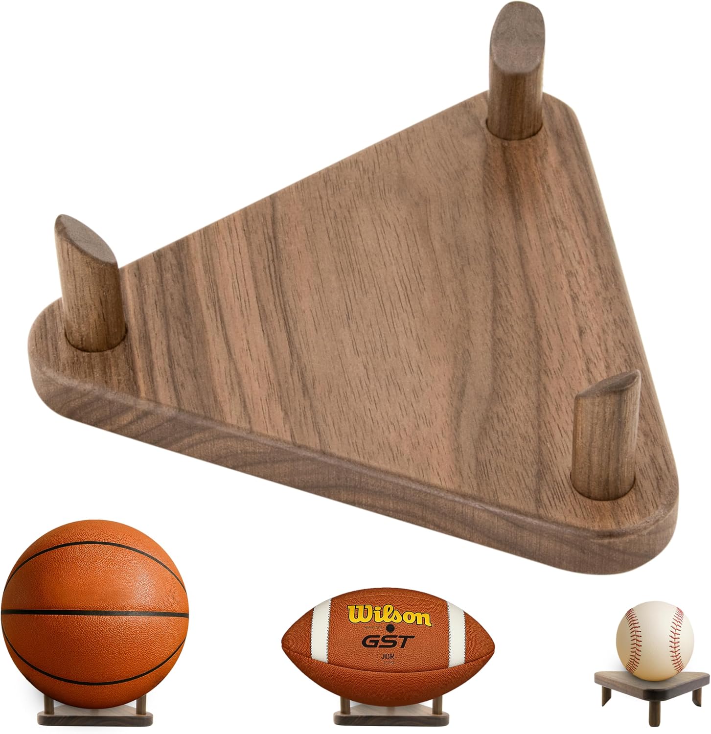 Premium Wooden Ball Display Stand Solid Walnut Wood Basketball Rugby Football Holder Triangular Autograph Sports Souvenir Display - Image 1