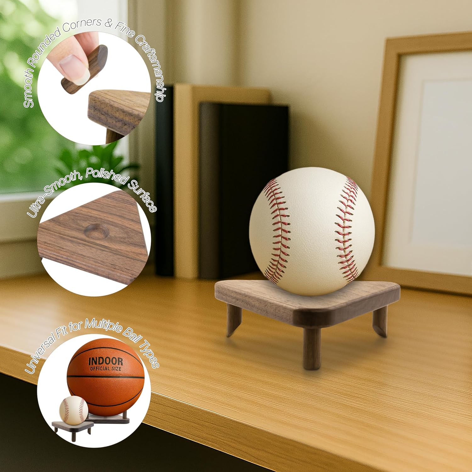 Premium Wooden Ball Display Stand Solid Walnut Wood Basketball Rugby Football Holder Triangular Autograph Sports Souvenir Display - Image 3