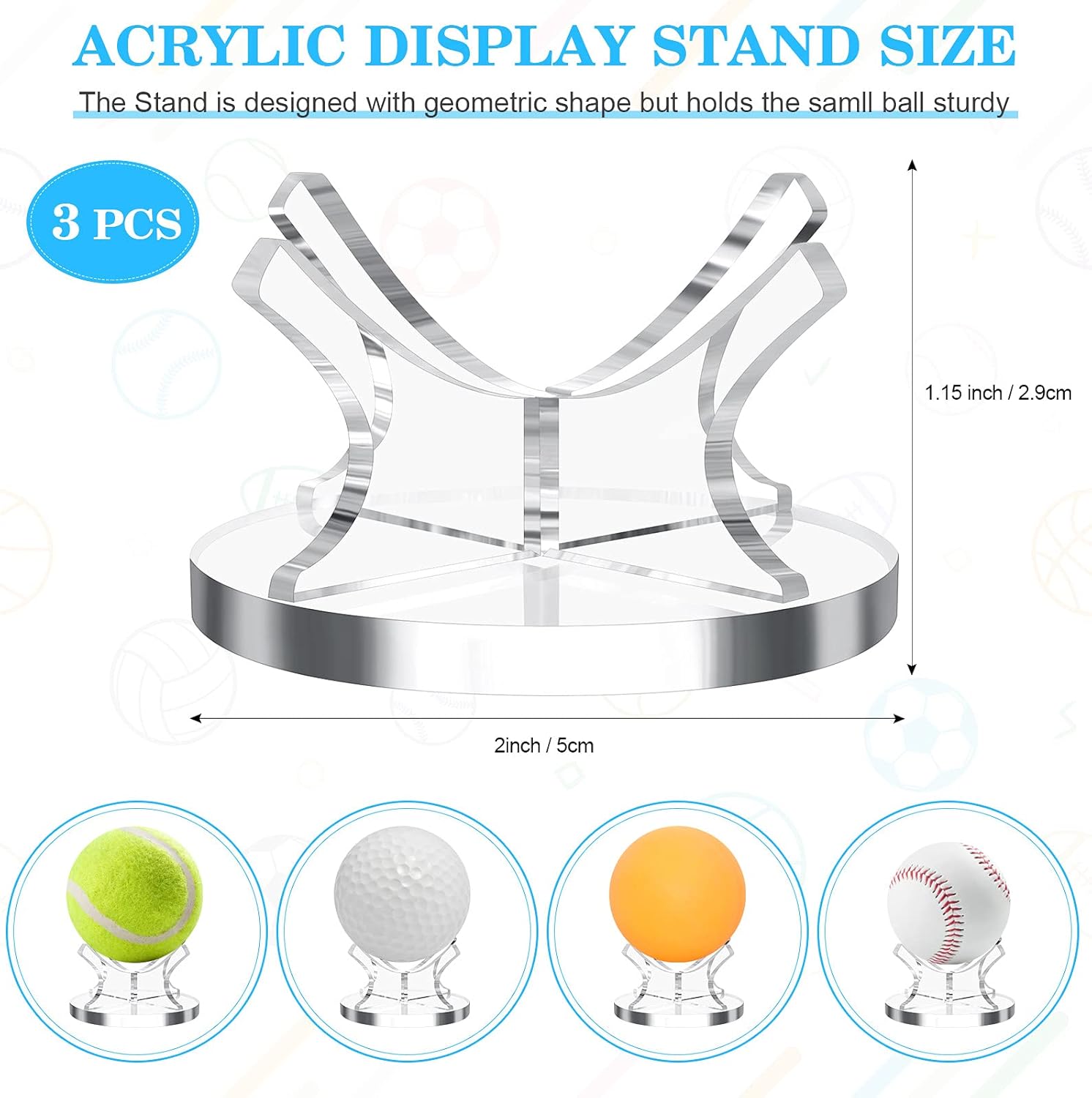 3 Piece Acrylic Ball Display Stand Holder for Baseball Golf Softball Tennis and Other Sports Balls - Image 2