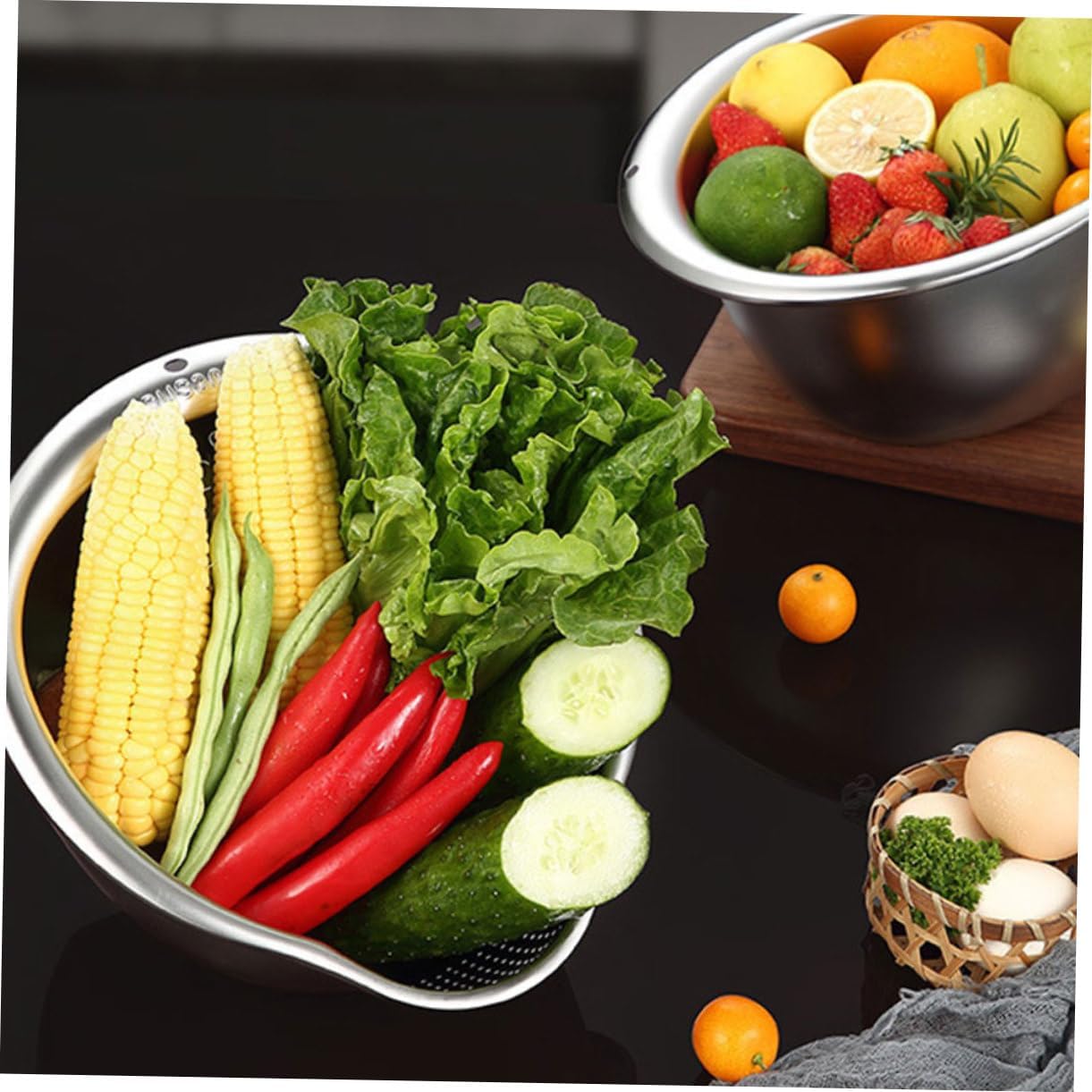 2-Piece Stainless Steel Rice Washing Strainer Set with Thickened Fine Mesh for Fruits Vegetables Easy to Clean Kitchen Colander - Image 3