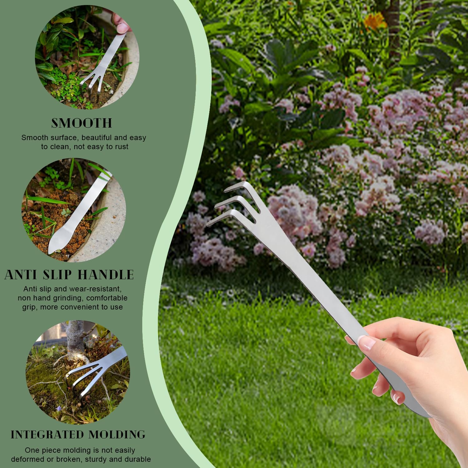 2 Pack Stainless Steel 3-Tine Root Rake Mini Candy Grip Handle Garden Tool - Image 3