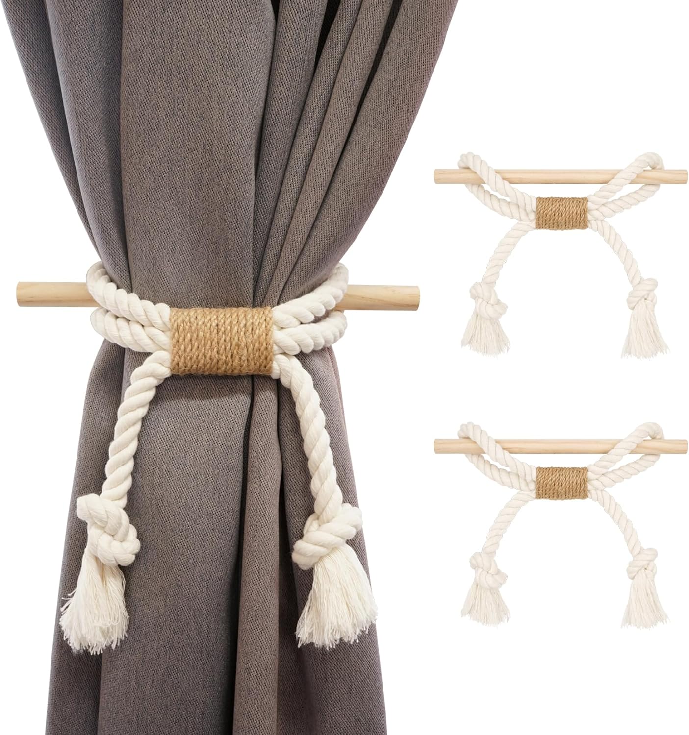 2 Pack White Curtain Tiebacks with Pine Wood Rod Holder Natural Cotton Linen Rope No Drilling Easy Installation for Rustic Style Homes - Image 1