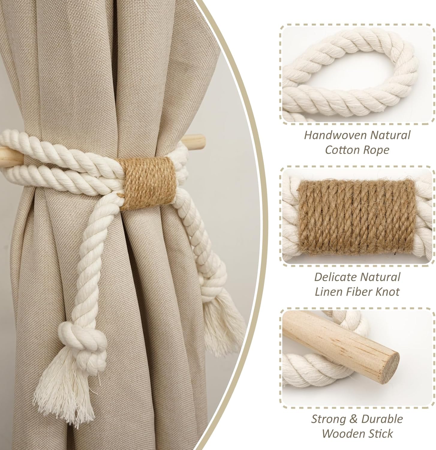 2 Pack White Curtain Tiebacks with Pine Wood Rod Holder Natural Cotton Linen Rope No Drilling Easy Installation for Rustic Style Homes - Image 2