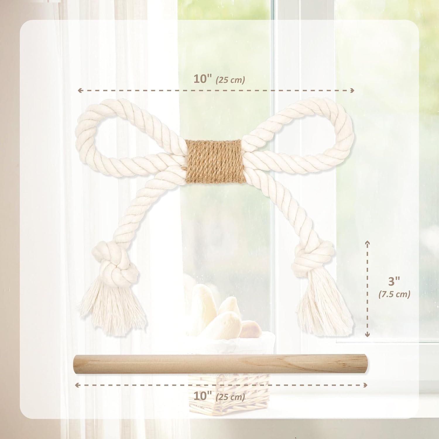 2 Pack White Curtain Tiebacks with Pine Wood Rod Holder Natural Cotton Linen Rope No Drilling Easy Installation for Rustic Style Homes - Image 3
