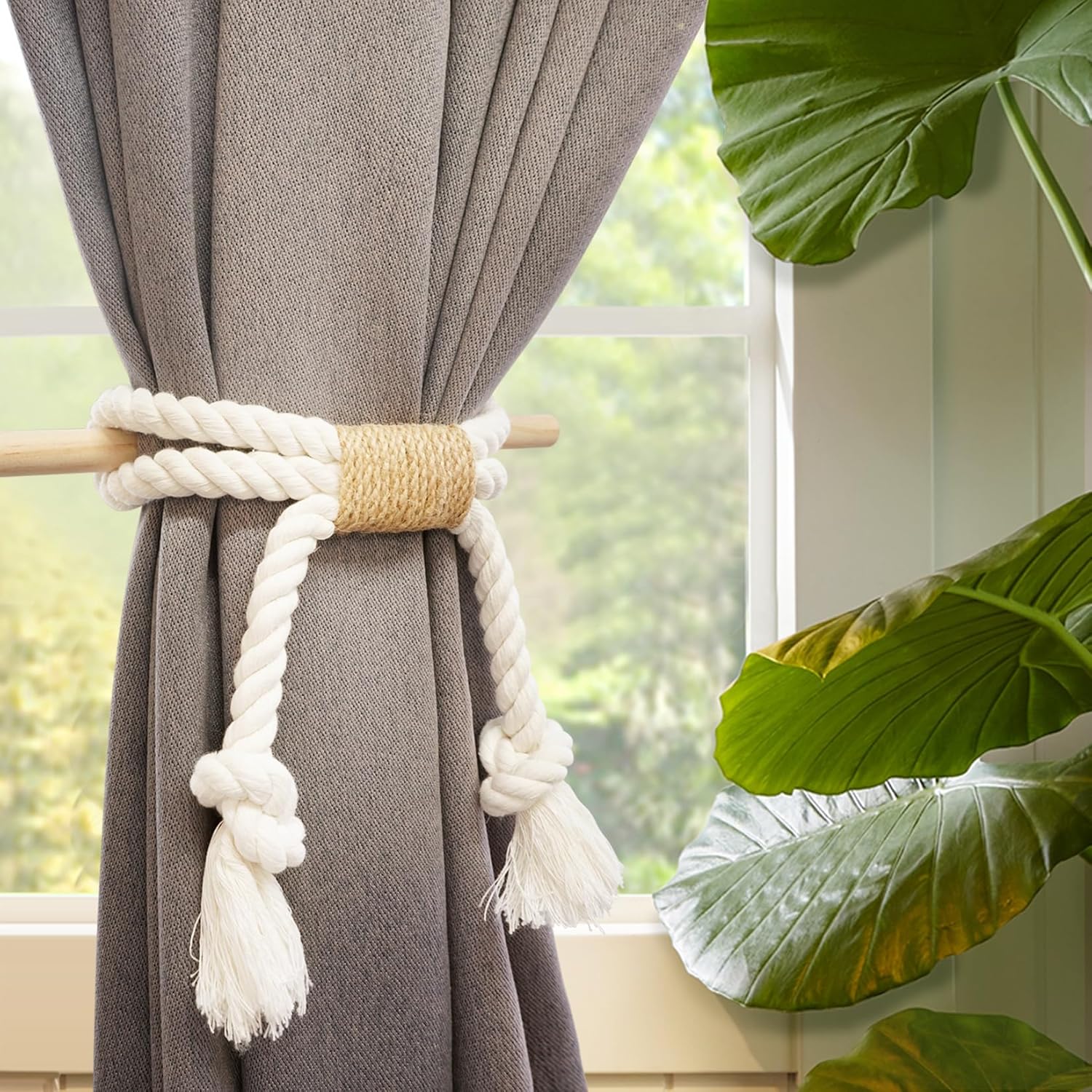 2 Pack White Curtain Tiebacks with Pine Wood Rod Holder Natural Cotton Linen Rope No Drilling Easy Installation for Rustic Style Homes - Image 4