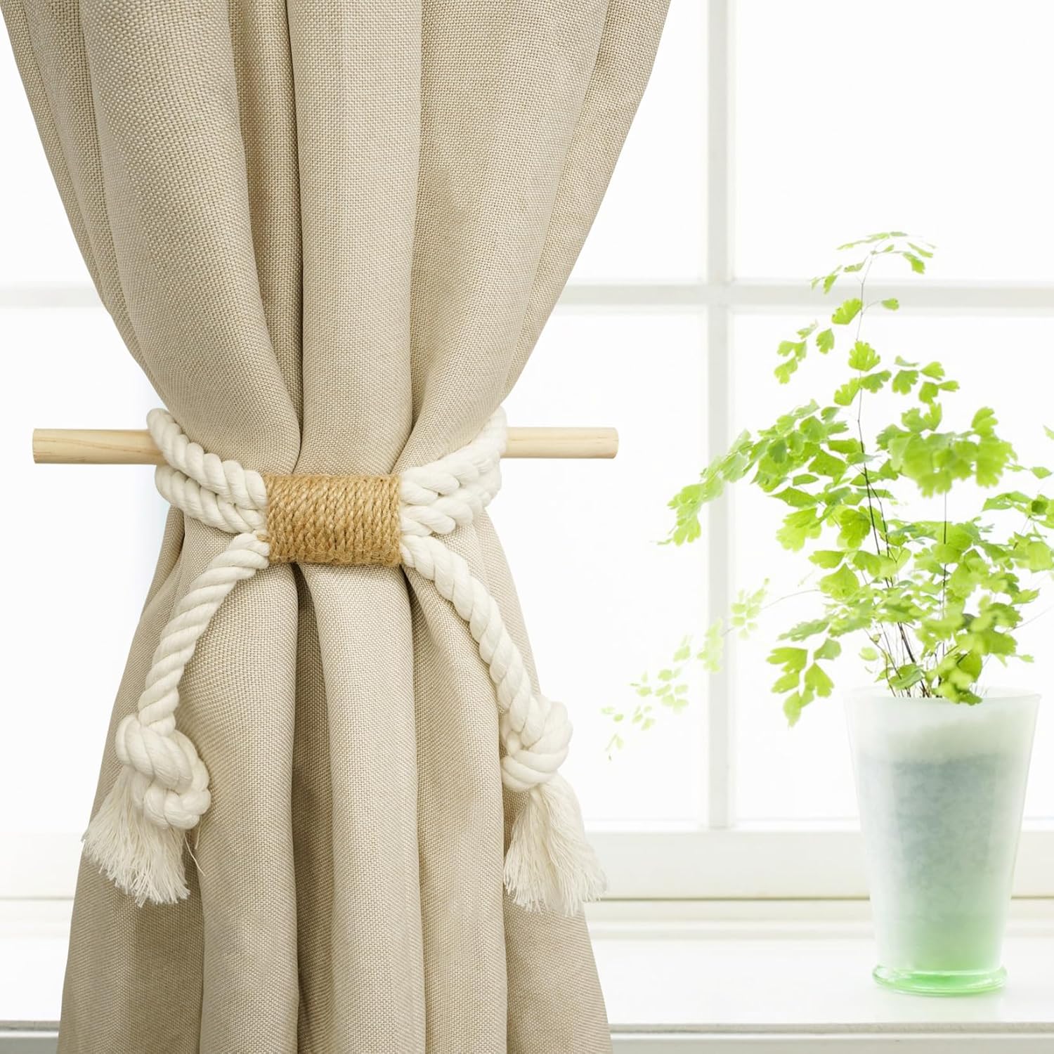 2 Pack White Curtain Tiebacks with Pine Wood Rod Holder Natural Cotton Linen Rope No Drilling Easy Installation for Rustic Style Homes - Image 5