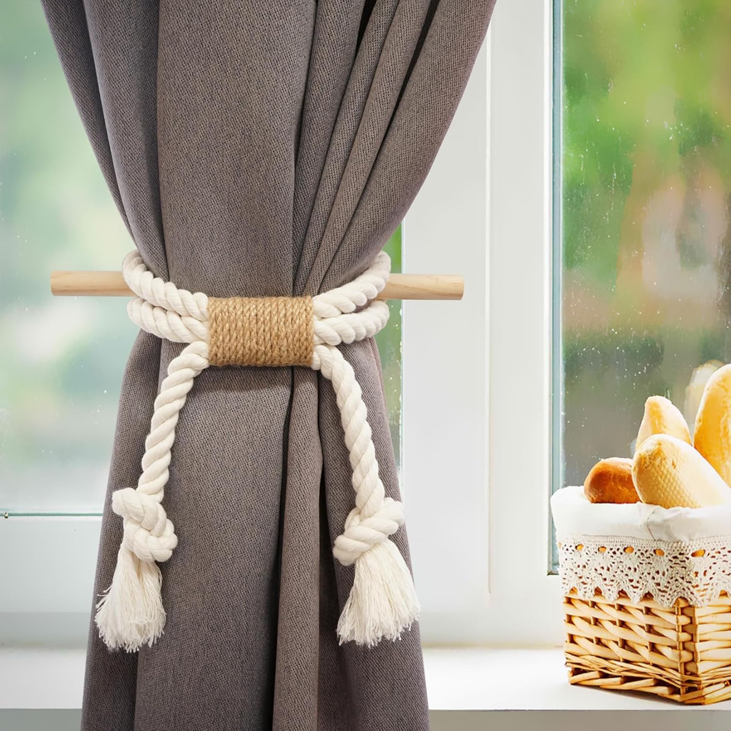 2 Pack White Curtain Tiebacks with Pine Wood Rod Holder Natural Cotton Linen Rope No Drilling Easy Installation for Rustic Style Homes - Image 6