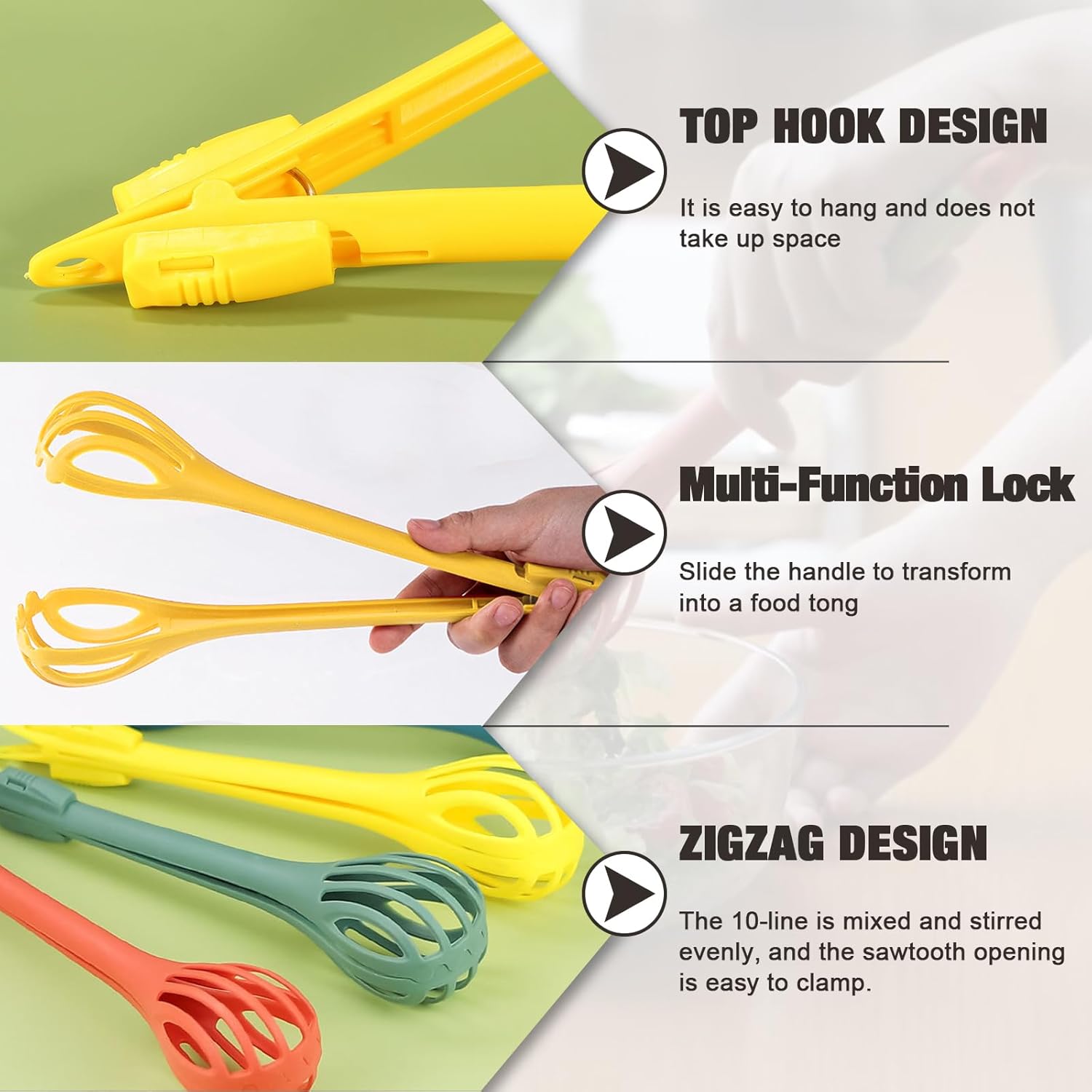 3-Piece Handheld Egg Beater Set 2-in-1 Food Tongs Mixer Salad Mixing Kitchen Tools for Cooking Baking - Image 3