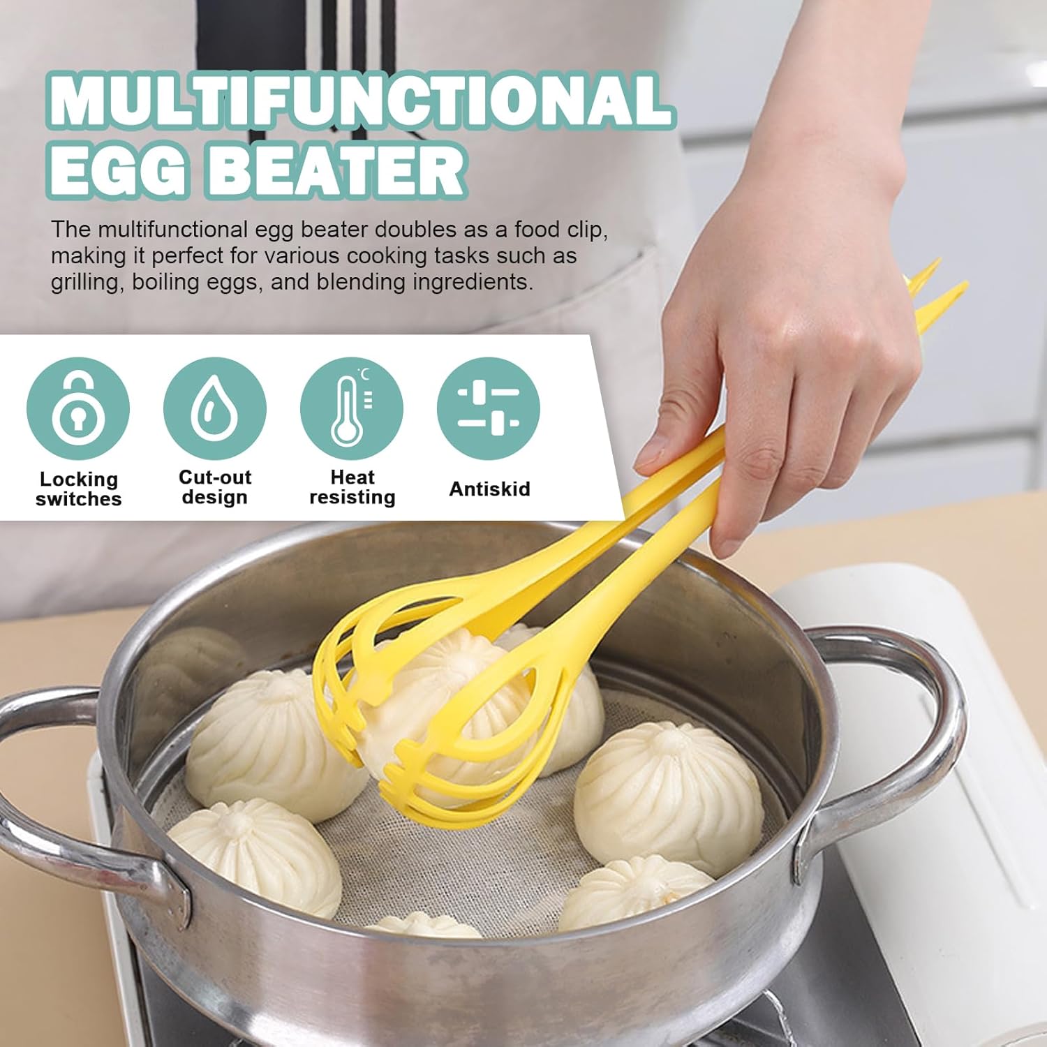 3-Piece Handheld Egg Beater Set 2-in-1 Food Tongs Mixer Salad Mixing Kitchen Tools for Cooking Baking - Image 4