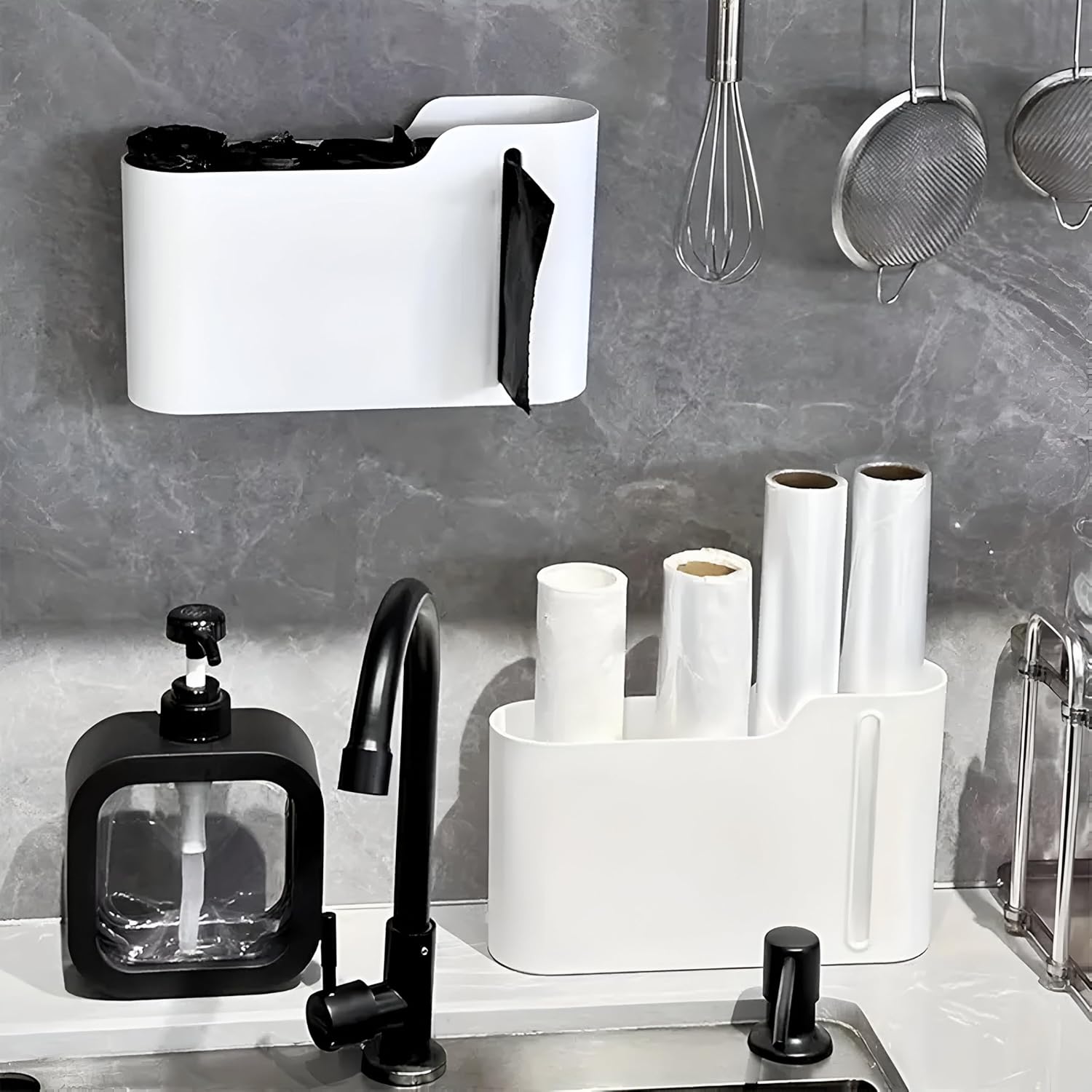 Multifunctional Wall-Mounted Storage Rack Set No Drilling Required Trash Bag Holder Bathroom Dispenser - Image 3