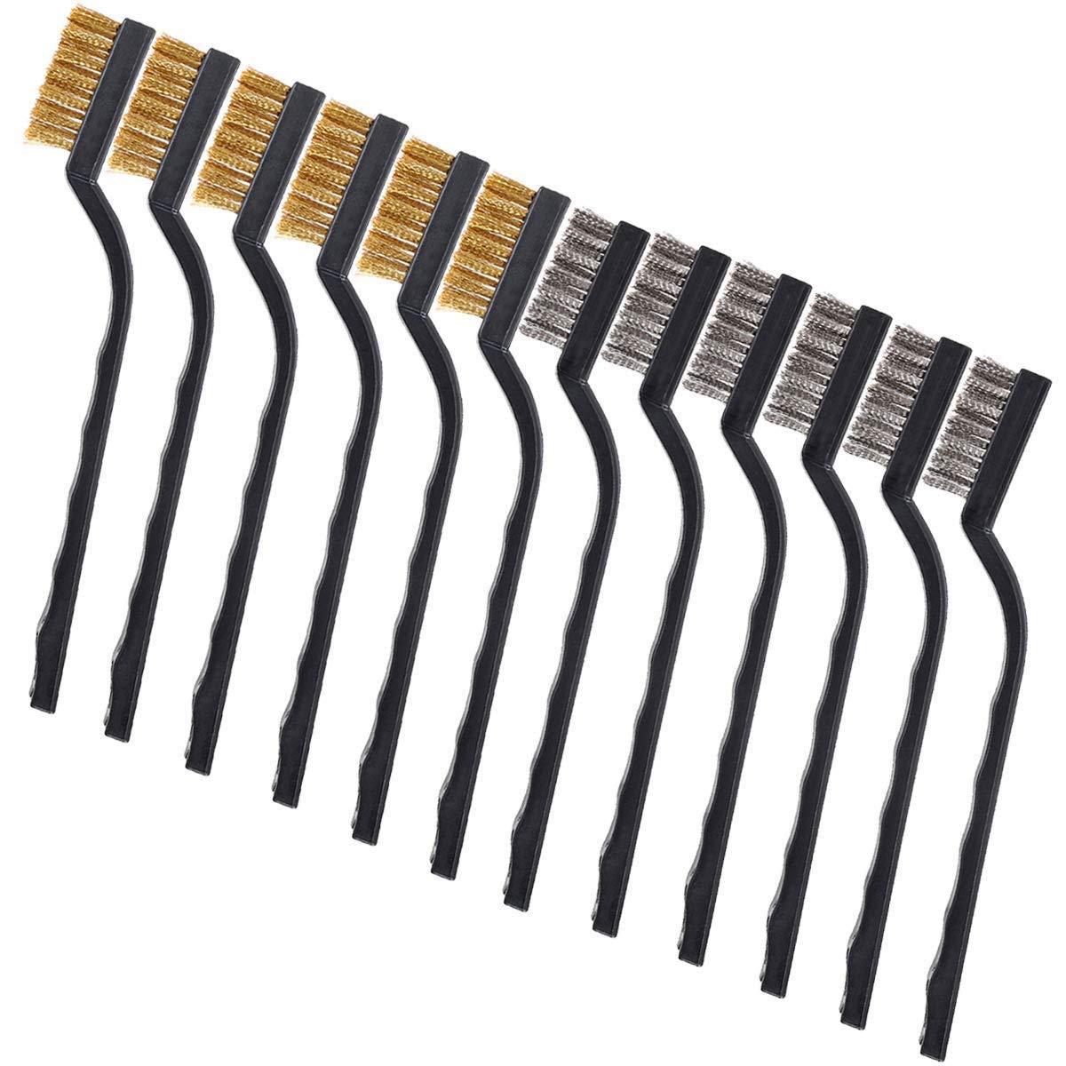 12-Piece Stainless Steel & Brass Wire Brush Set with Scraper and Bent Handle for Cleaning Weld Slag and Rust - Image 1
